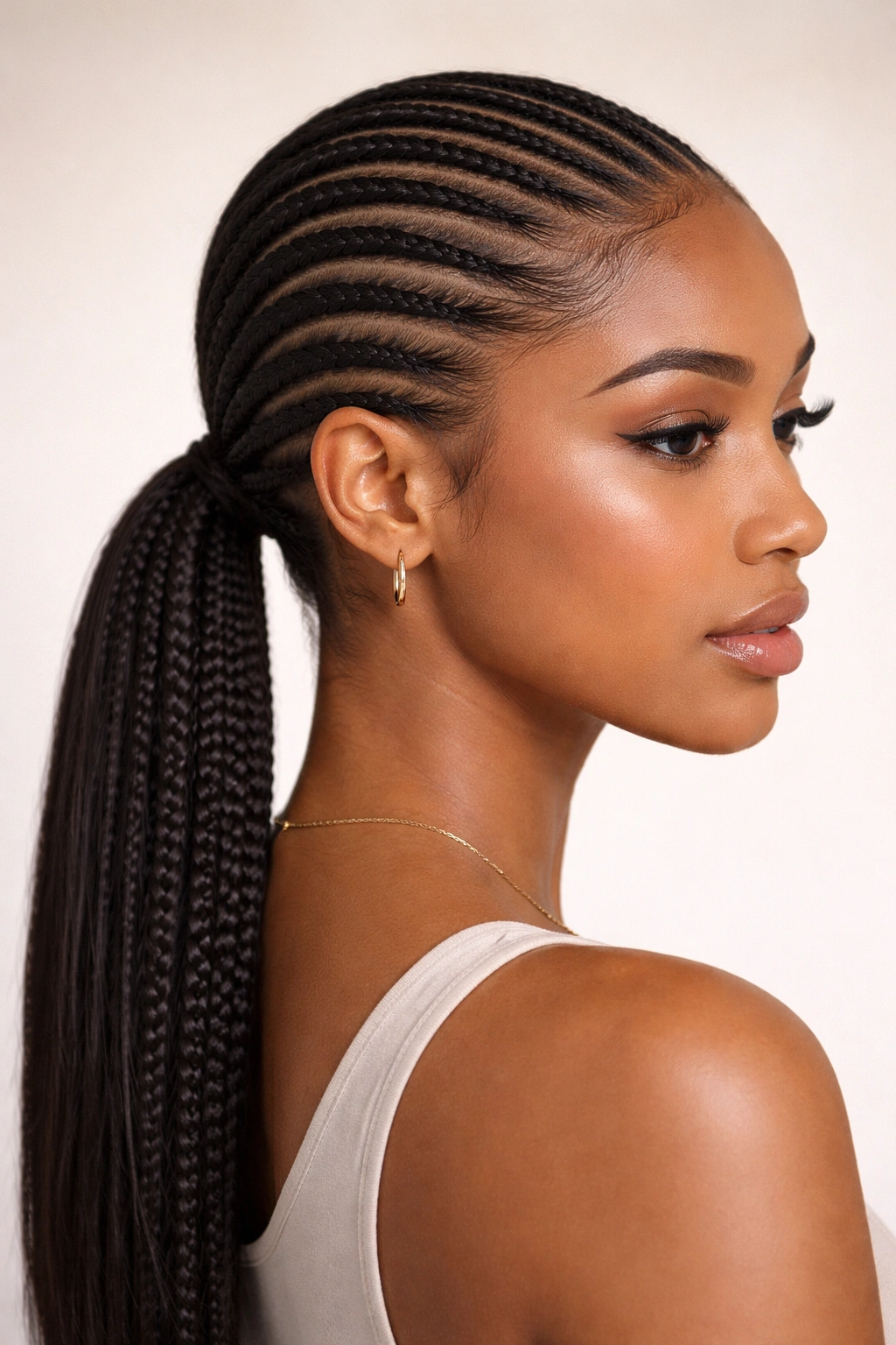 Profile of sleek low cornrow ponytail with braids flat to scalp at nape