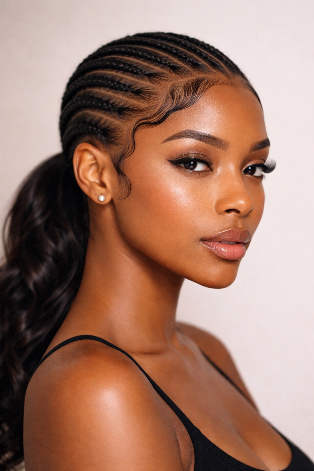 Low cornrow ponytail with swooped baby hairs at the hairline