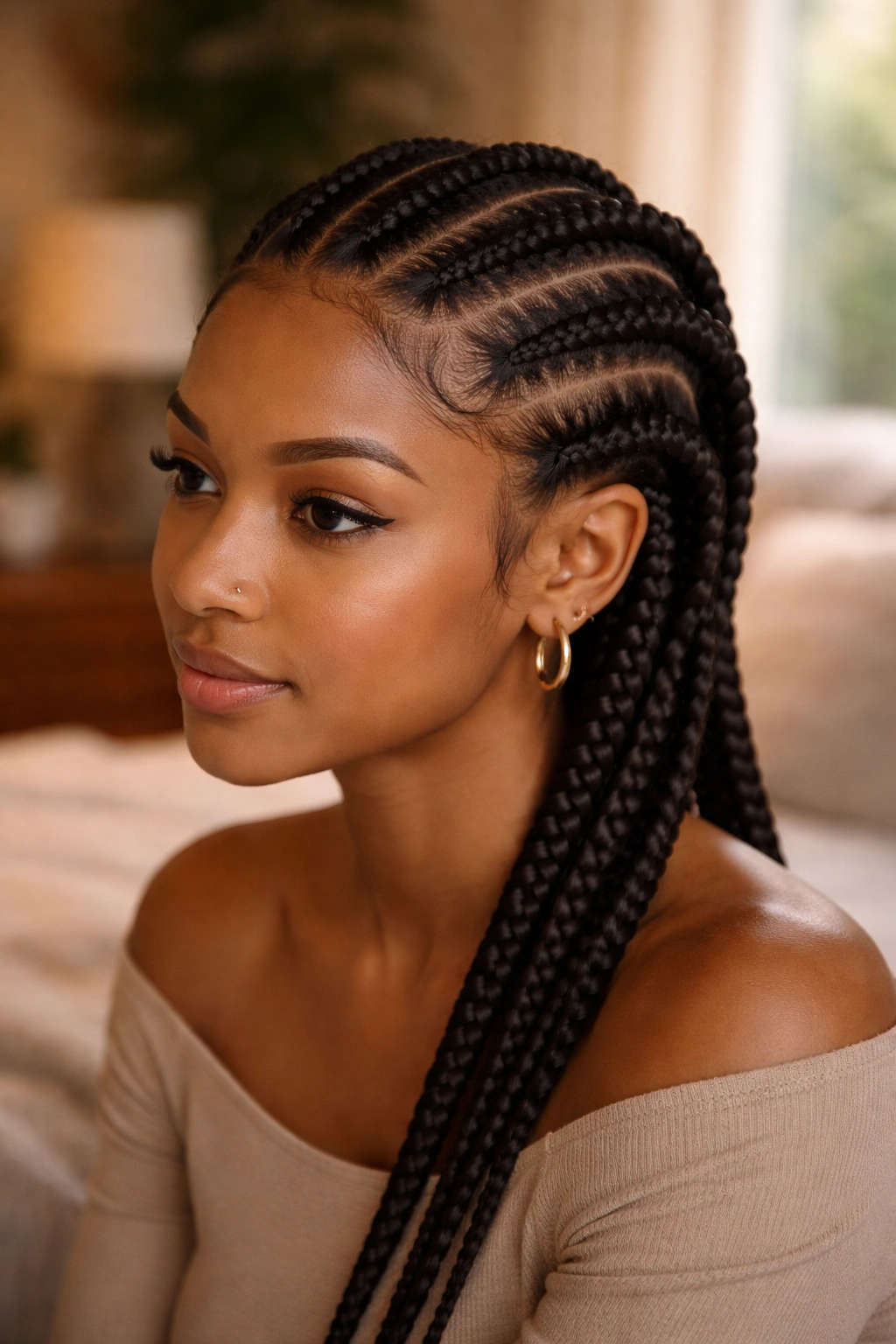 Close-up of five to six thick cornrows across head on a real person