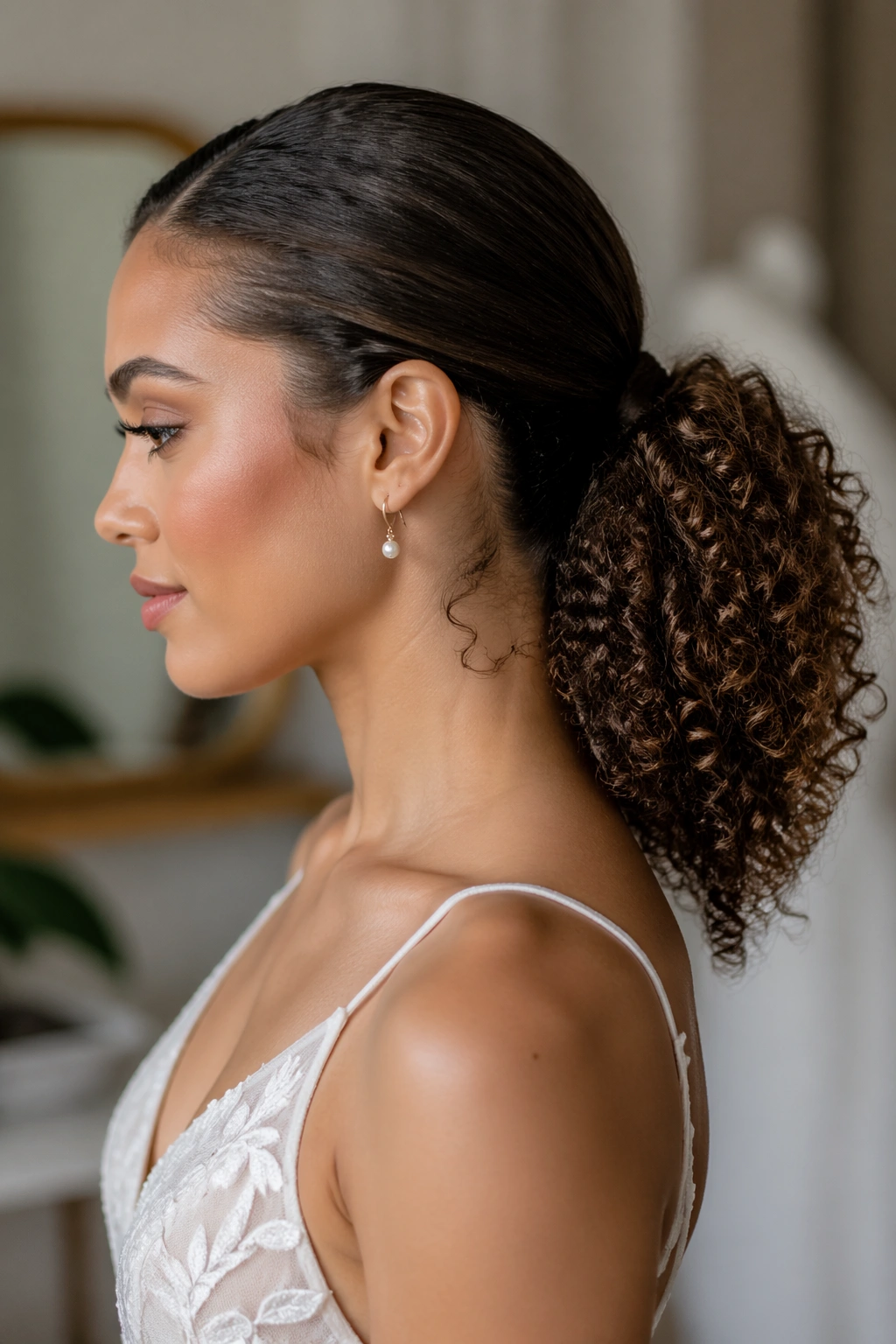 Close-up of a real woman with a low sleek crown and full curly tail