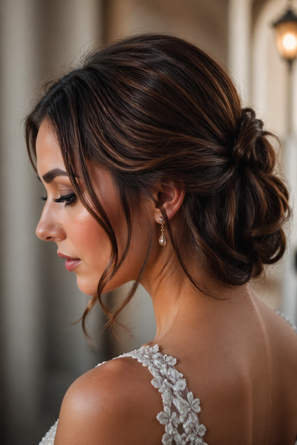 Close-up of a real woman with a low crown knot and side volume
