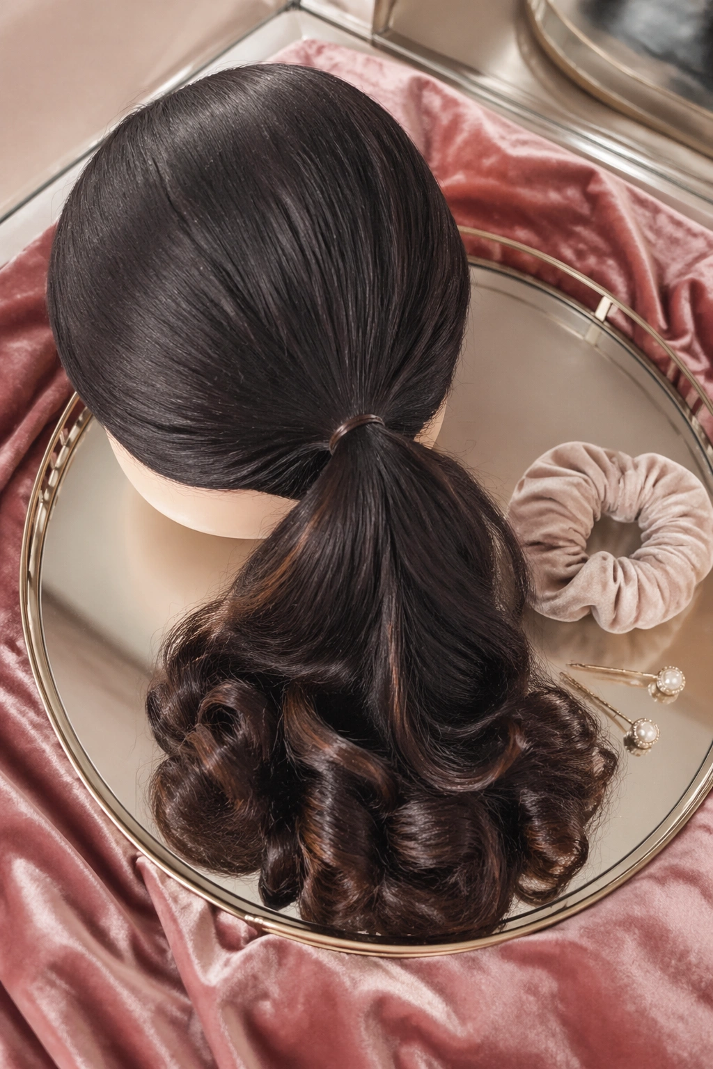 Overhead flat-lay of wig with low crown pony and barrel curls
