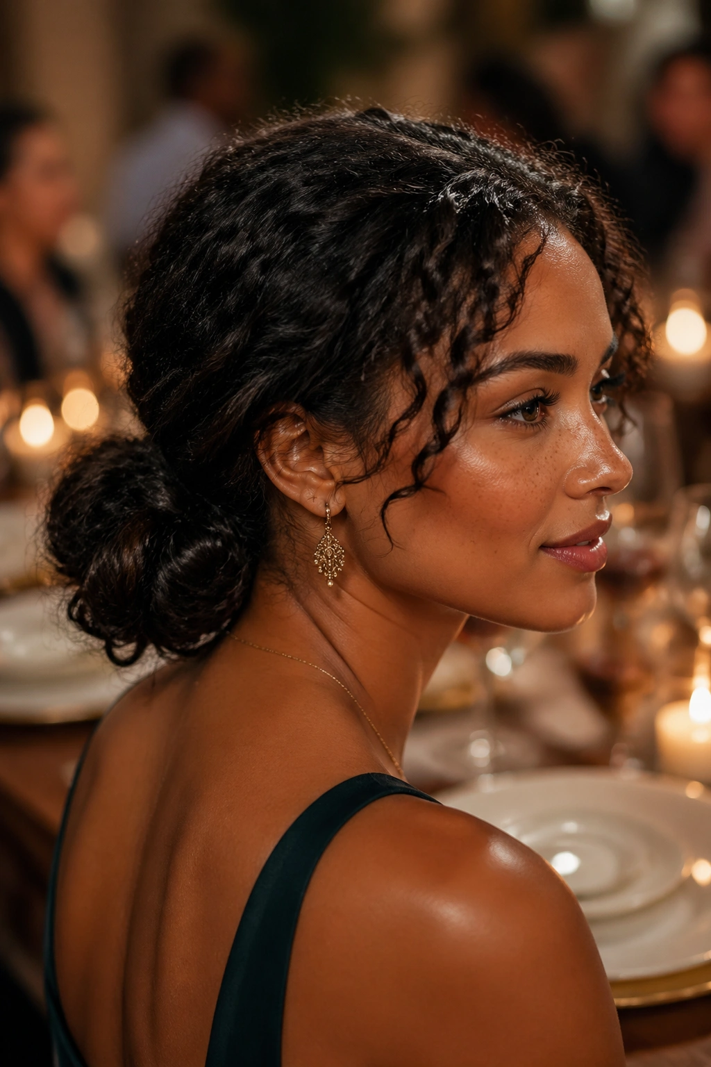 Close-up of a real woman with a low curly bun in candlelit dining room