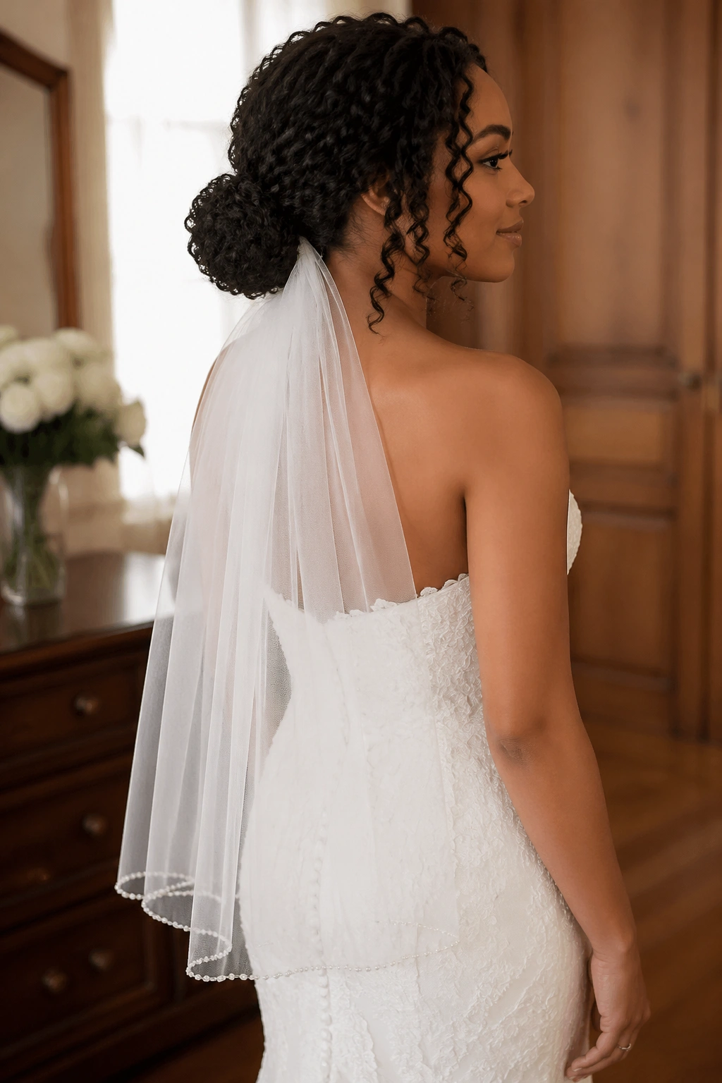 Bride with low curly bun and elbow-length veil