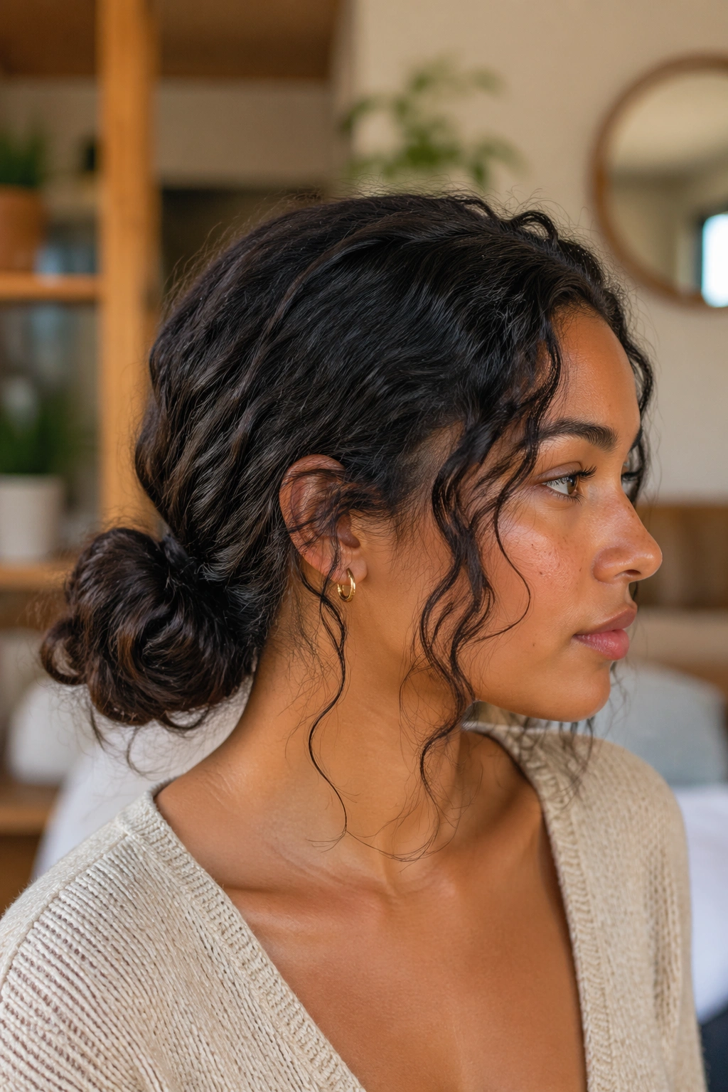 Close-up of a real woman with a low curly bun and face-framing pieces in warm window light