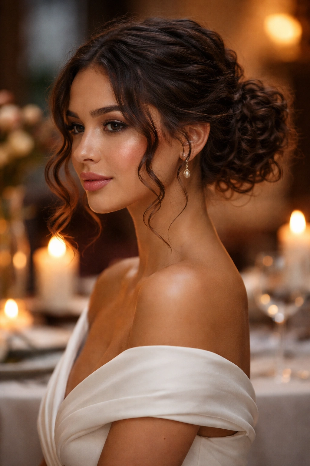 Close-up of a real woman with a textured low curly bun and face-framing pieces