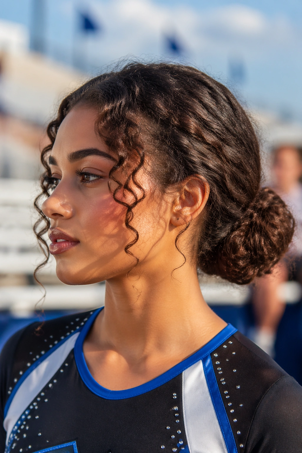 Low curly bun with face-framing curls on a real person
