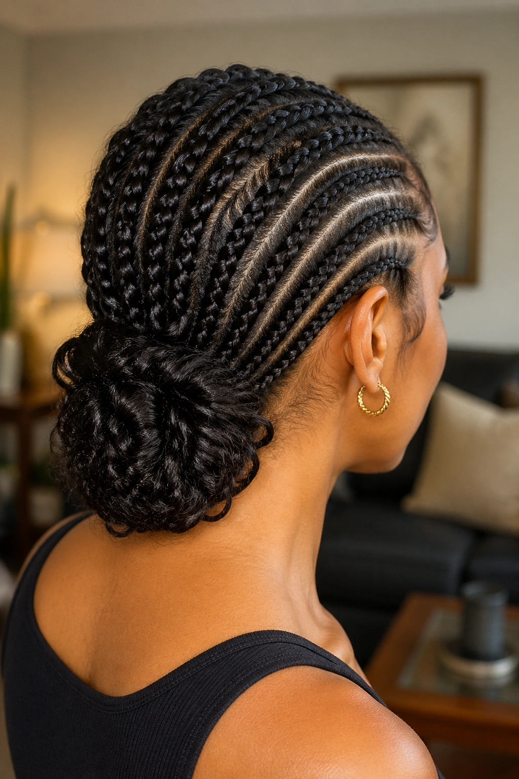 Real woman with a low curly bun at the nape of the neck in a close-up portrait