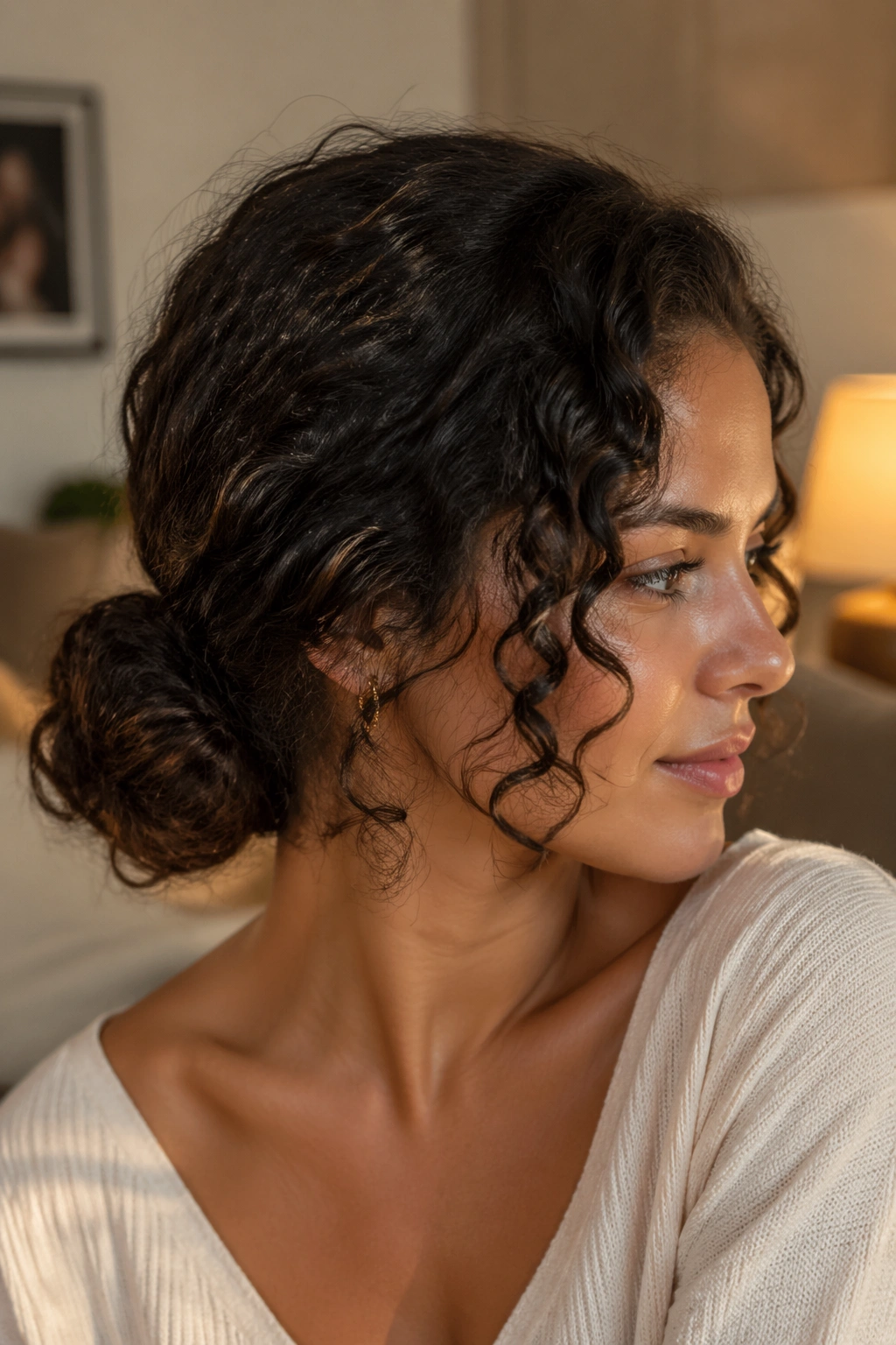 Close-up of a real person with a low curly bun at the nape in warm lamp light