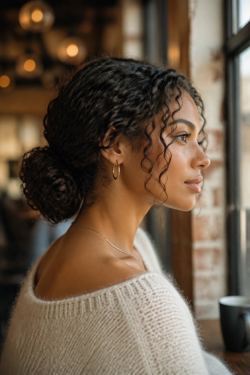 Close-up of a real woman wearing a low curly bun by a cafe window.