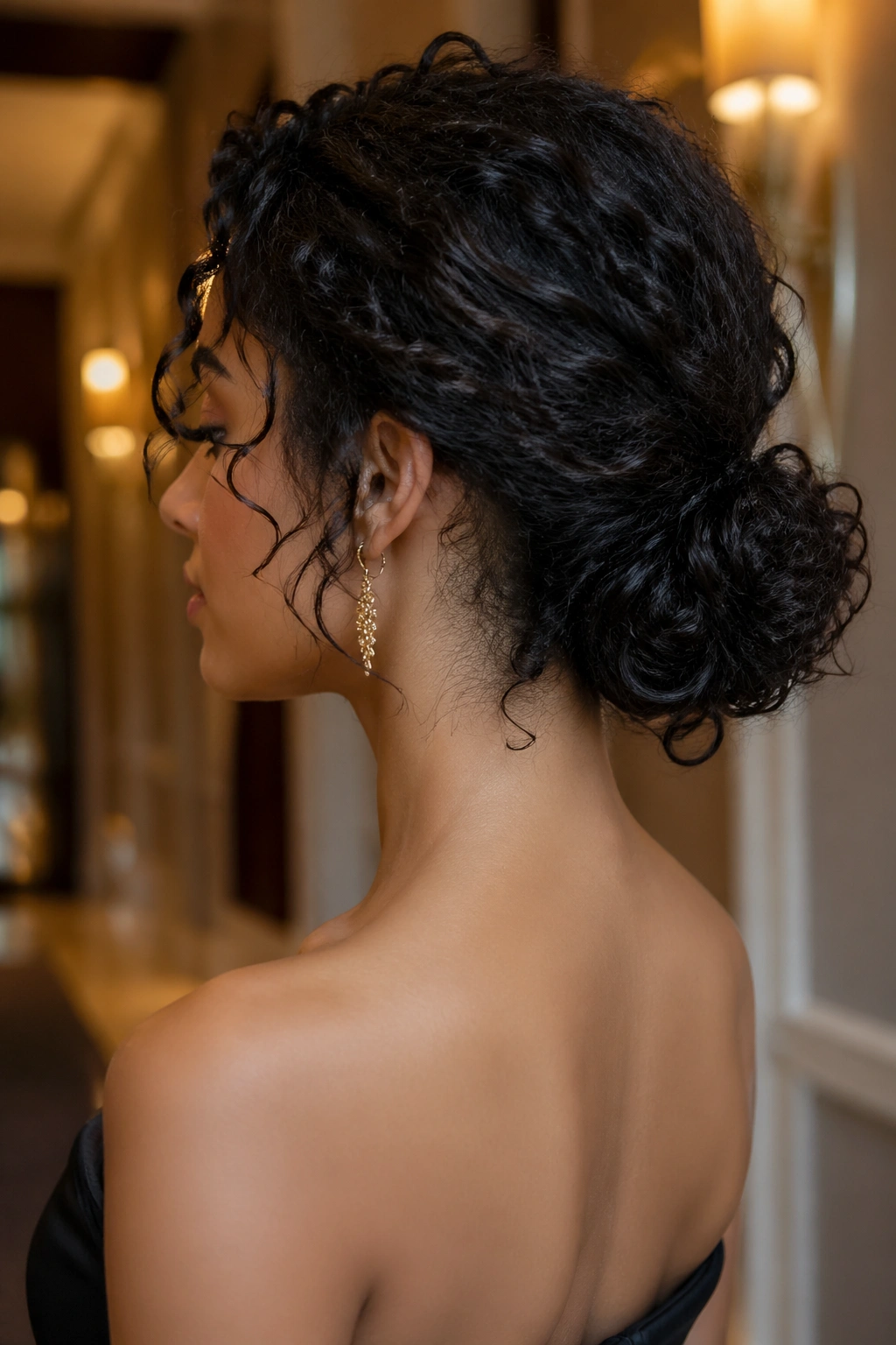 Close-up of a real woman with a low curly bun at the nape