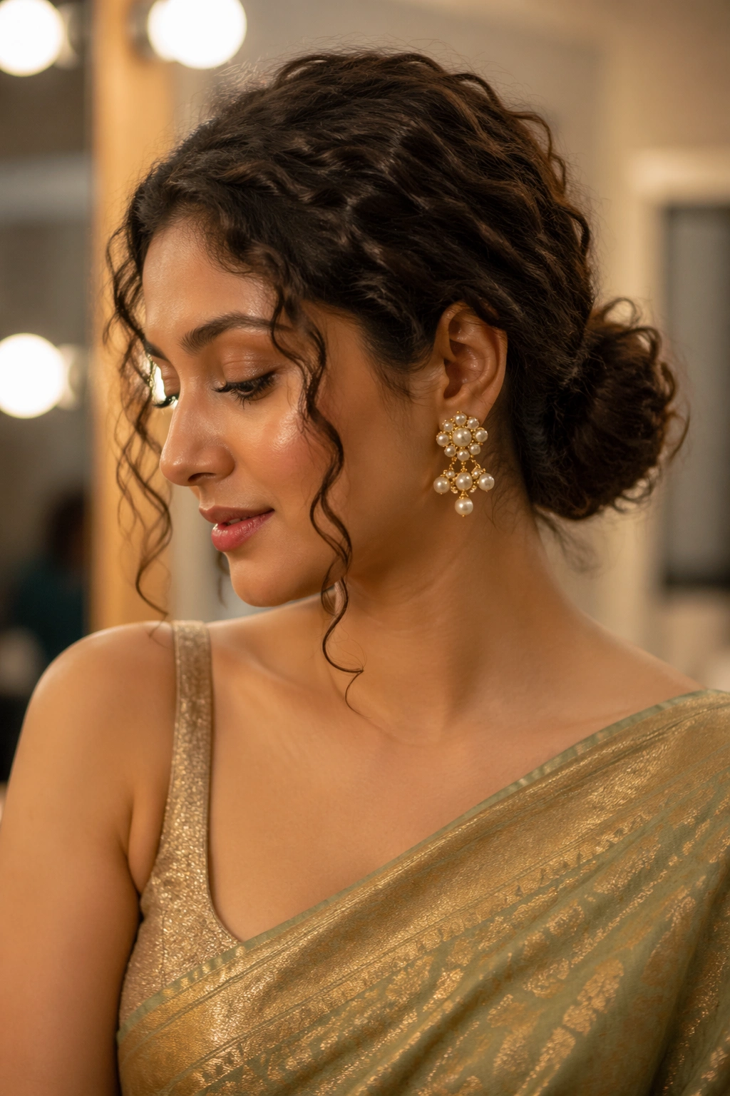 Close-up of a real woman with a low curly bun and face-framing curls wearing saree