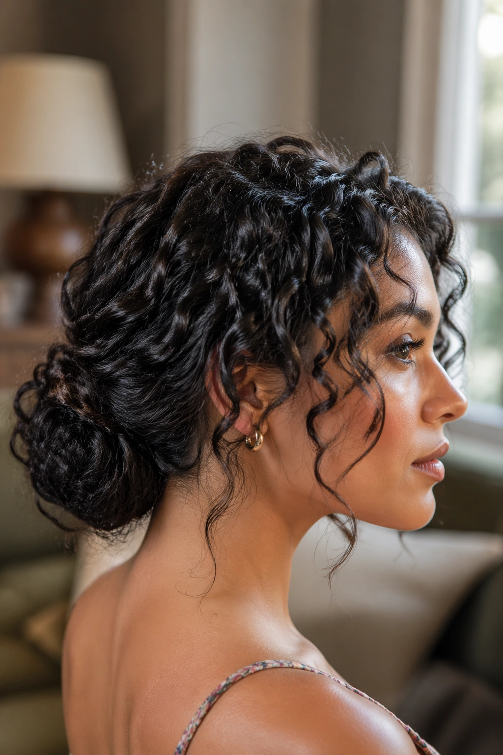 Side-profile of a real woman with a low curly bun and loose tendrils