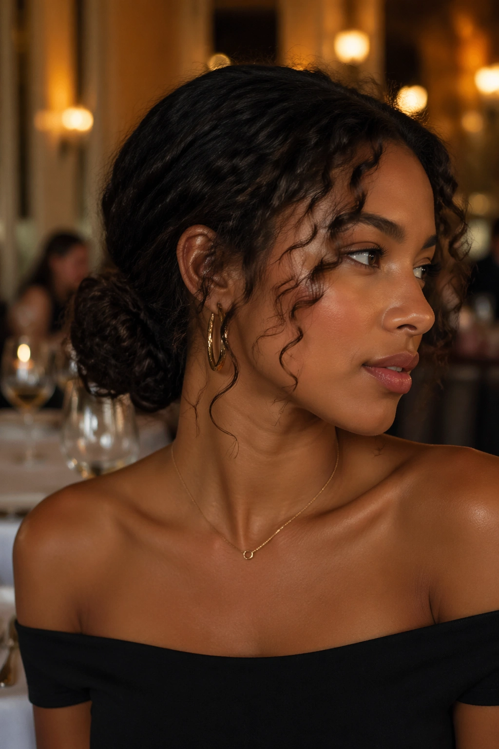 Close-up portrait of a real woman with a low curly bun and soft tendrils at the temples