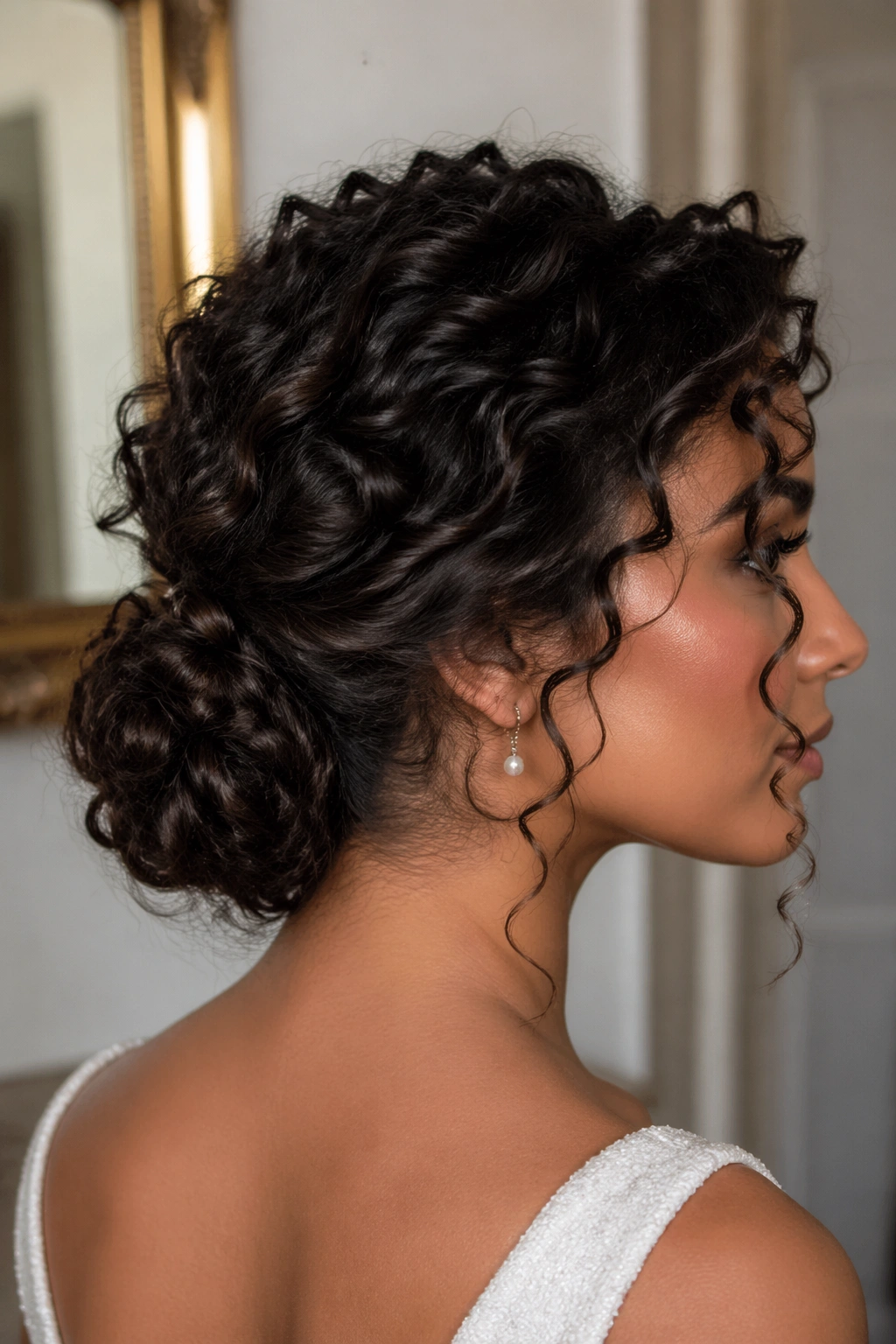 Low curly chignon with pinned curls at the nape