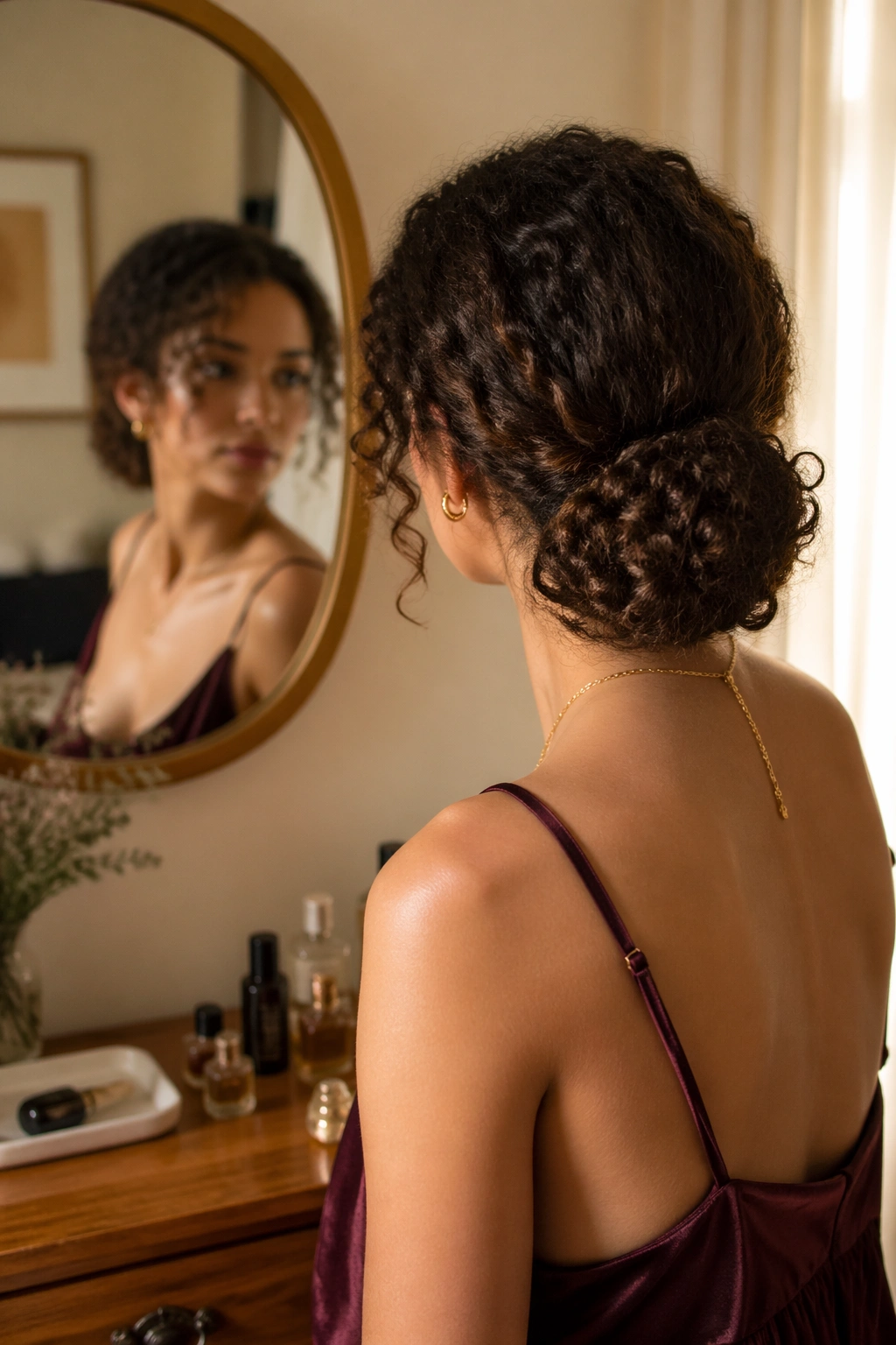 Over-the-shoulder view of a low curly chignon at the nape.