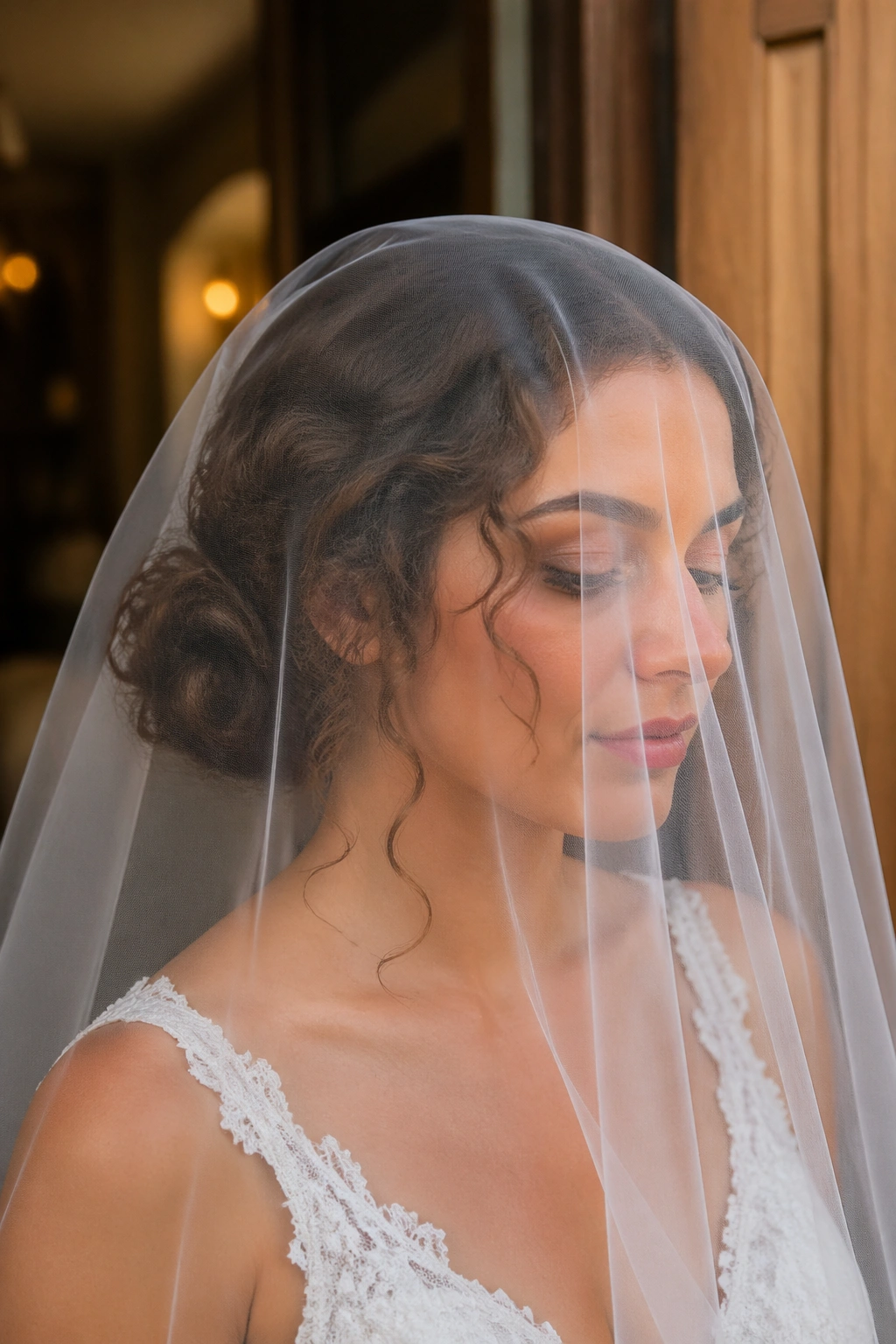 Low curly chignon with blusher veil on real bride; textured bun.
