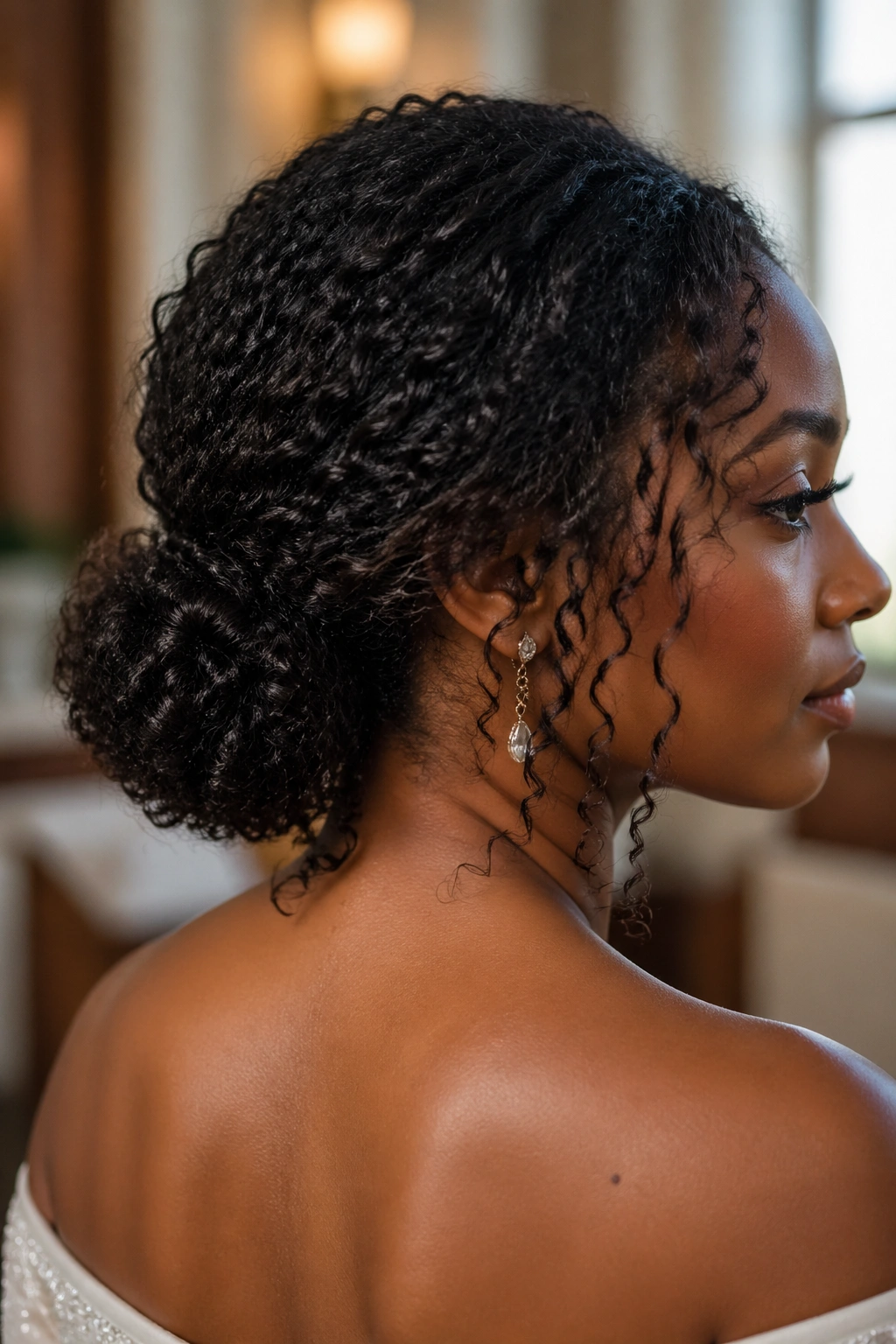 Bride with low curly chignon at nape in soft lighting