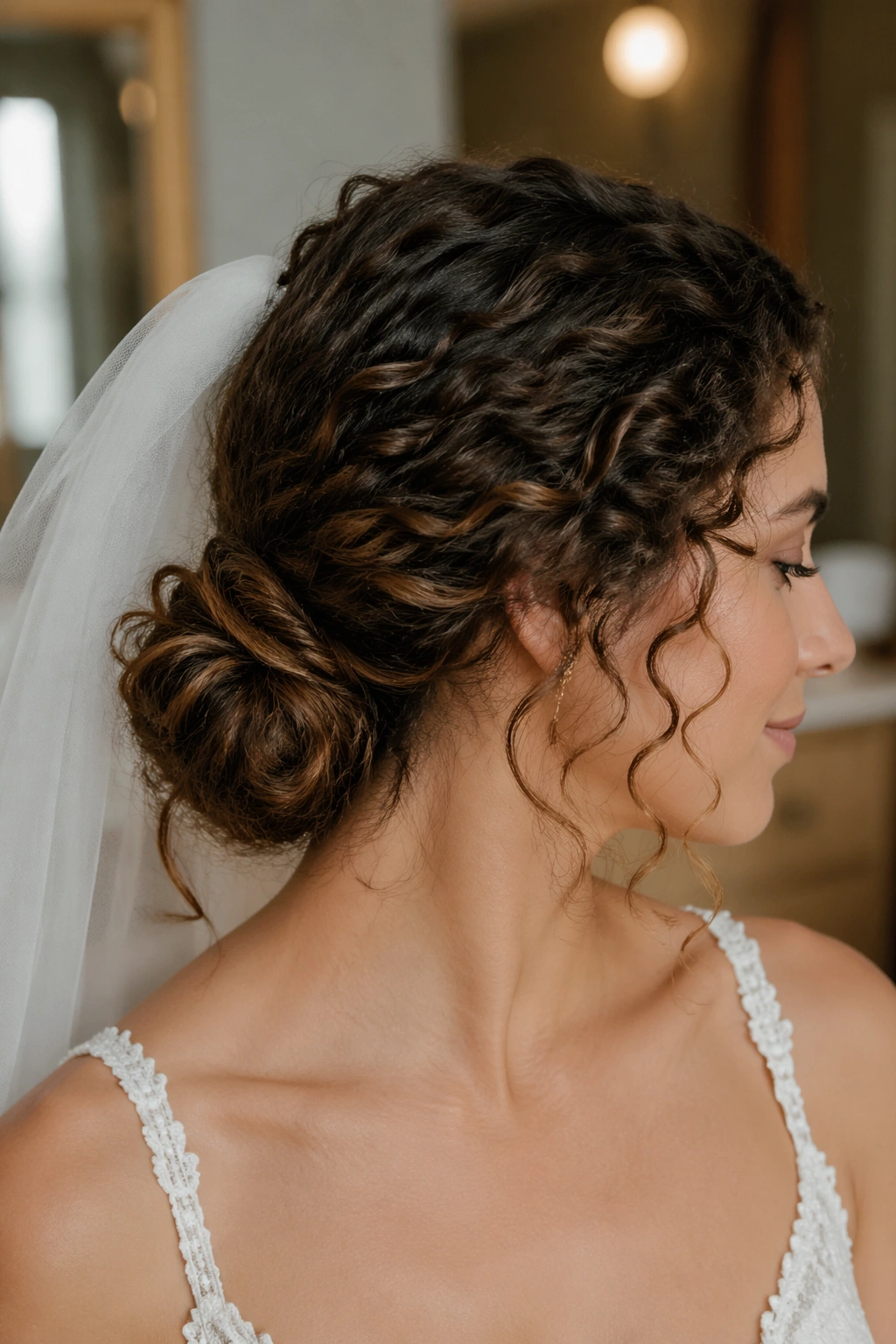 Close-up of a real woman with a low curly chignon at the nape