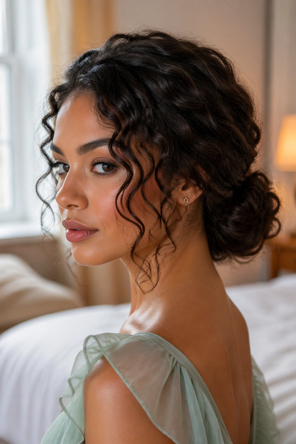 Close-up portrait of a real woman wearing a loose textured low curly chignon with face-framing pieces.