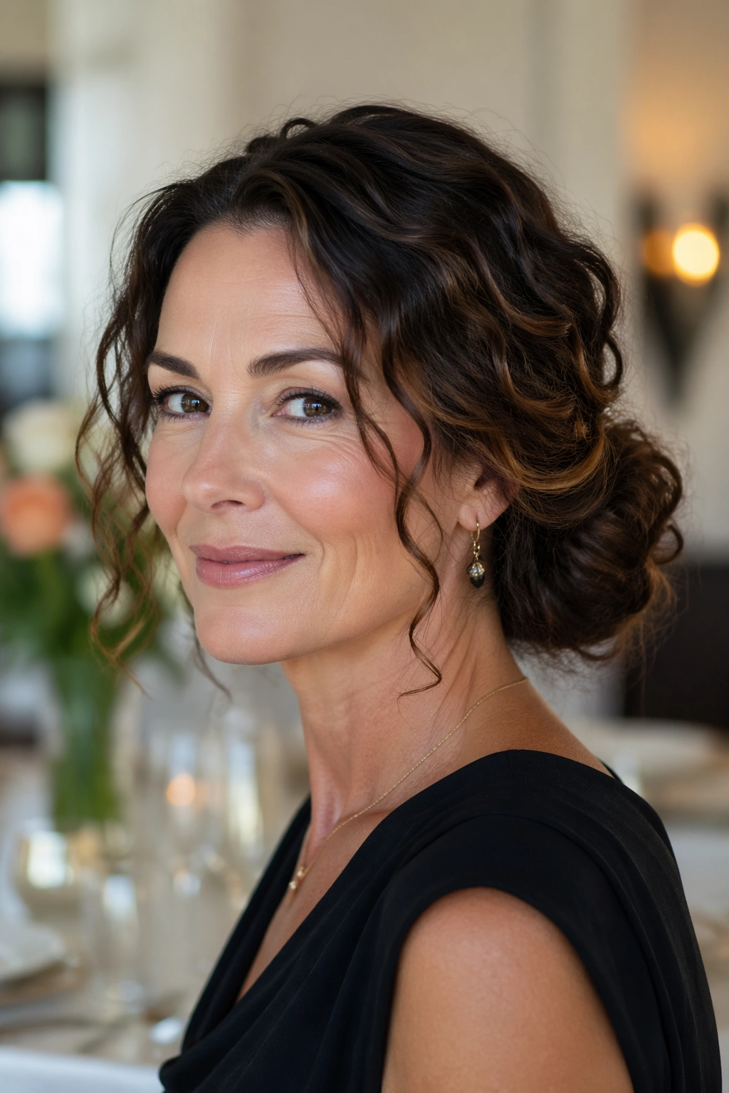Close-up of a real woman with a low curly chignon and soft tendrils.