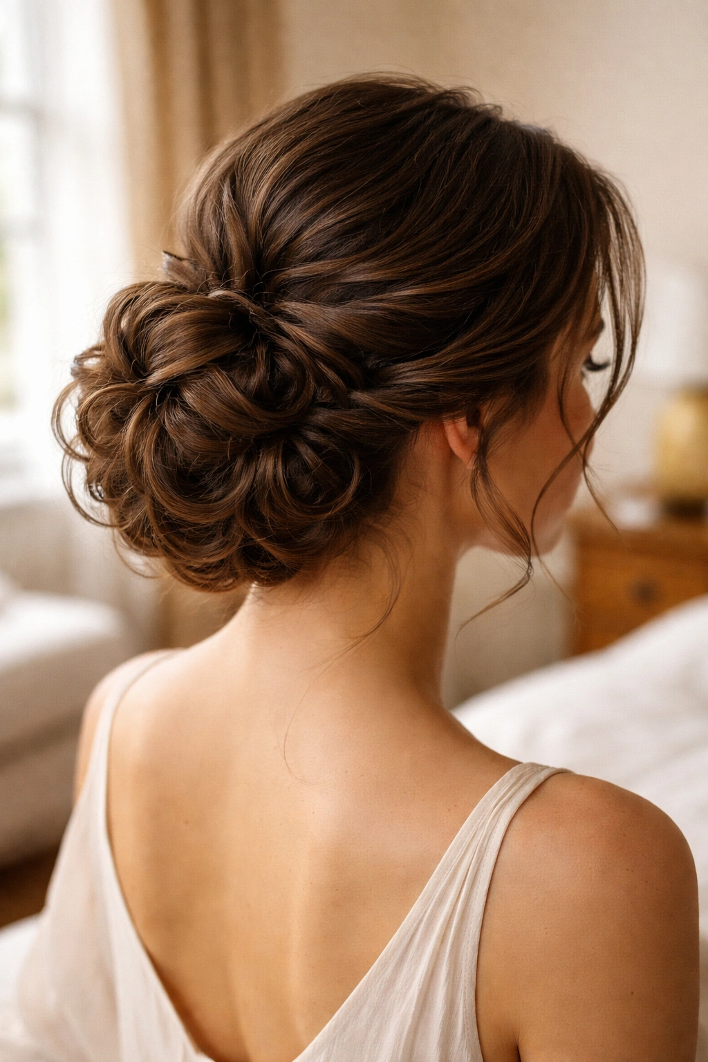 Close-up portrait of a real woman wearing a low curly chignon at the nape