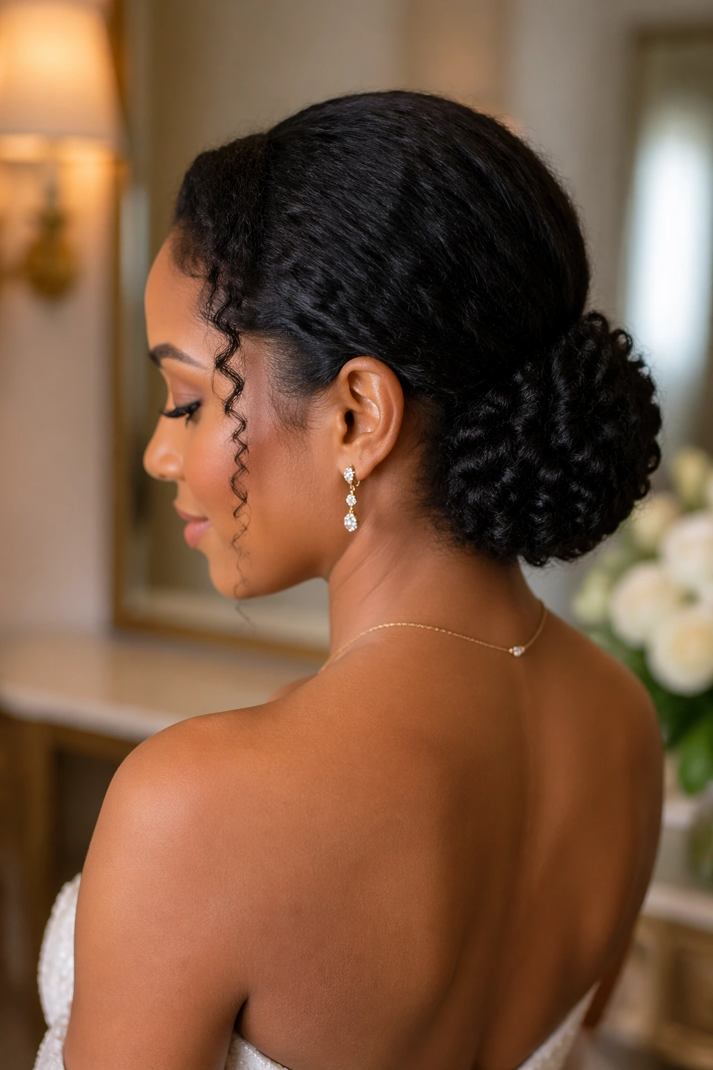 Bride with a low curly chignon at the nape.