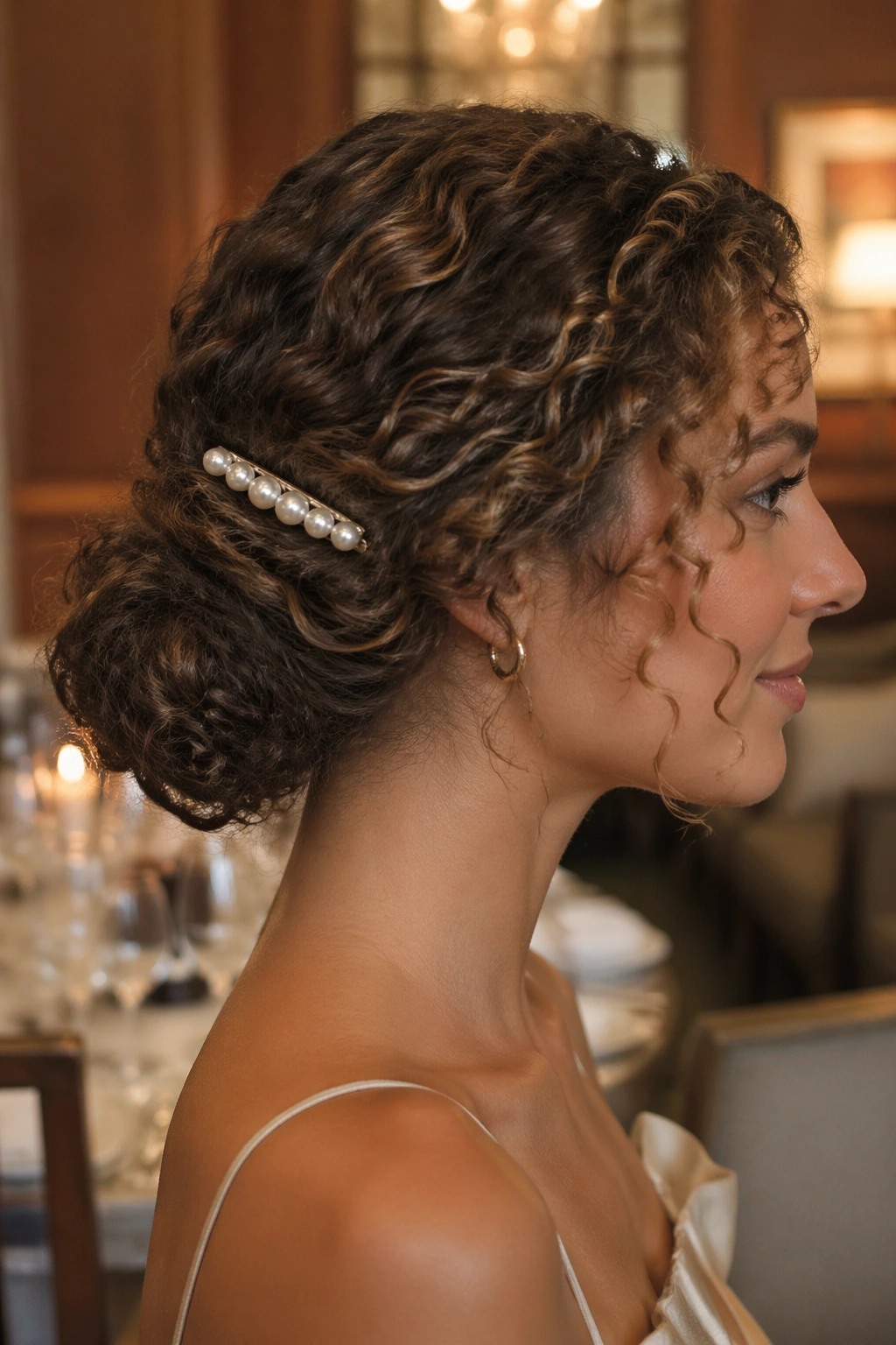 Side-profile of a real woman wearing a low curly chignon with a pearl barrette