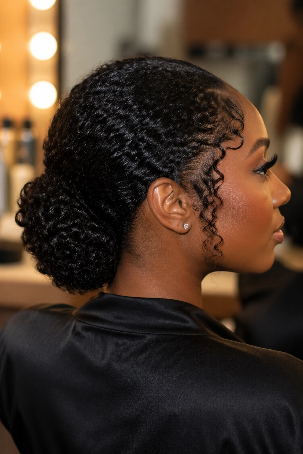Close-up of a real woman's head with a low curly chignon at the nape in warm backstage lighting