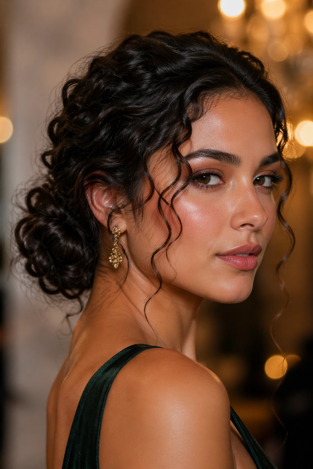 Close-up of a real woman with a low curly chignon and face framing tendrils