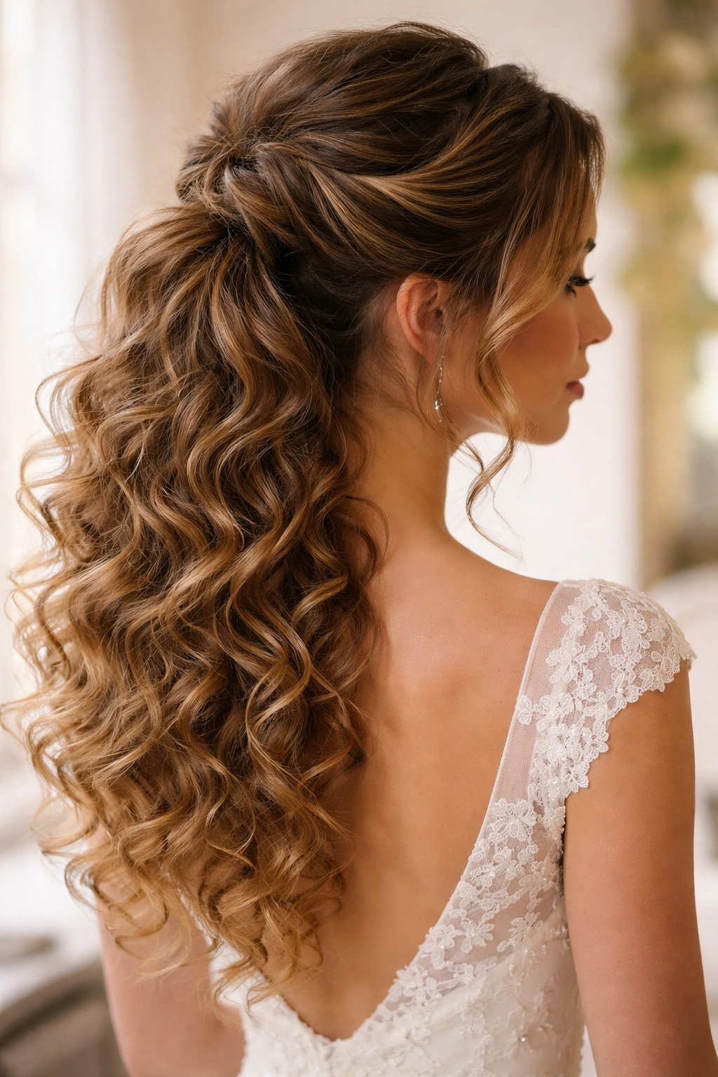 Soft half-up hairstyle with a low pony and visible curls