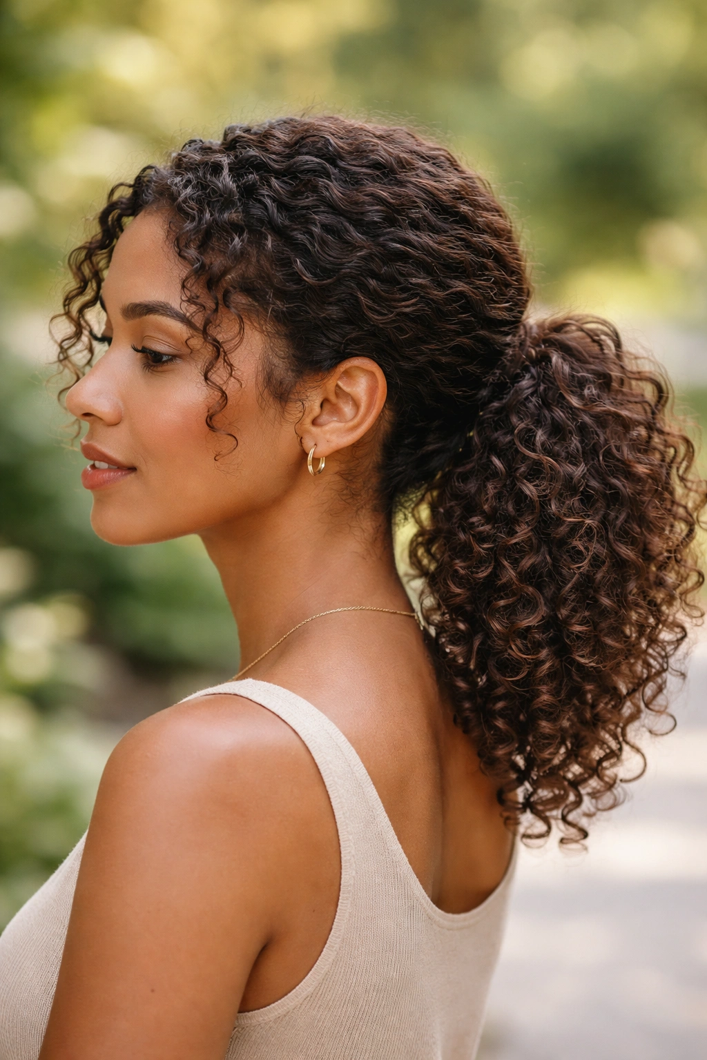 Close-up of a real woman with a low curly ponytail showing texture