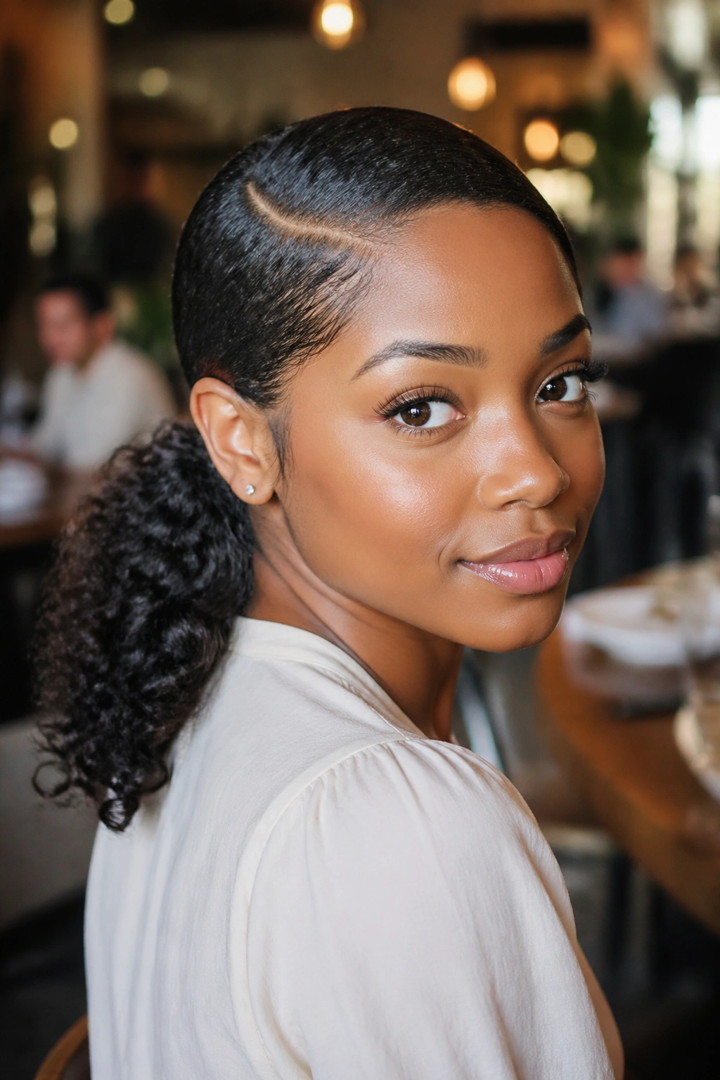Portrait of a real Black woman with low curly ponytail and sleek side part in a cafe