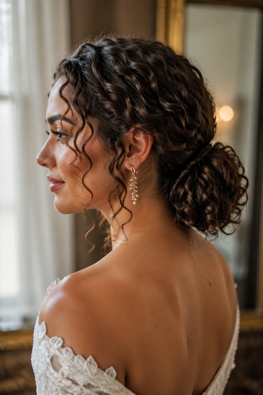 Portrait of a real person with a low curly ponytail and tendrils framing the face