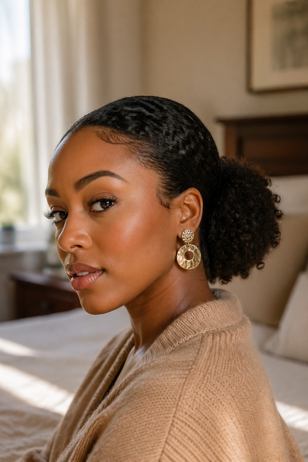 Close-up of a real woman with a low curly puff at the nape, warm bedroom lighting.