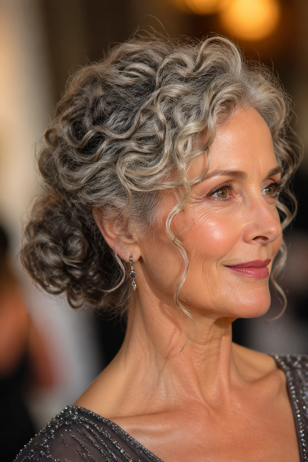 Close-up of real woman with low curly updo and loose tendrils in evening light