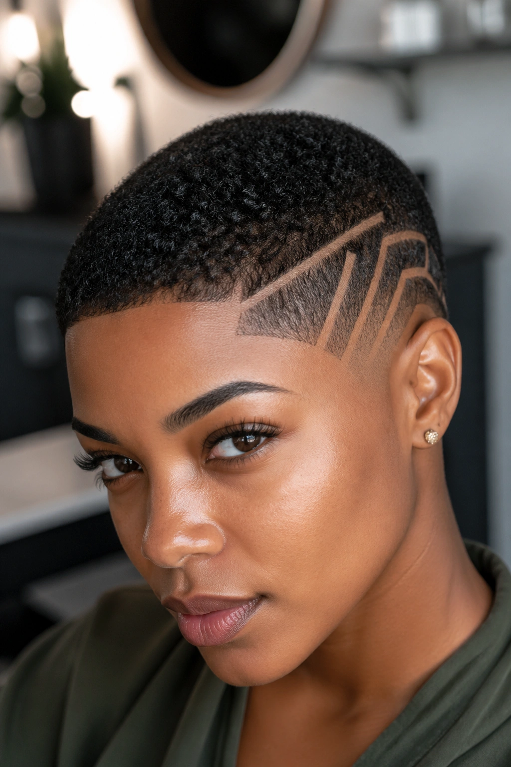 Close-up of a person with bold shaved pattern on low-cut hair
