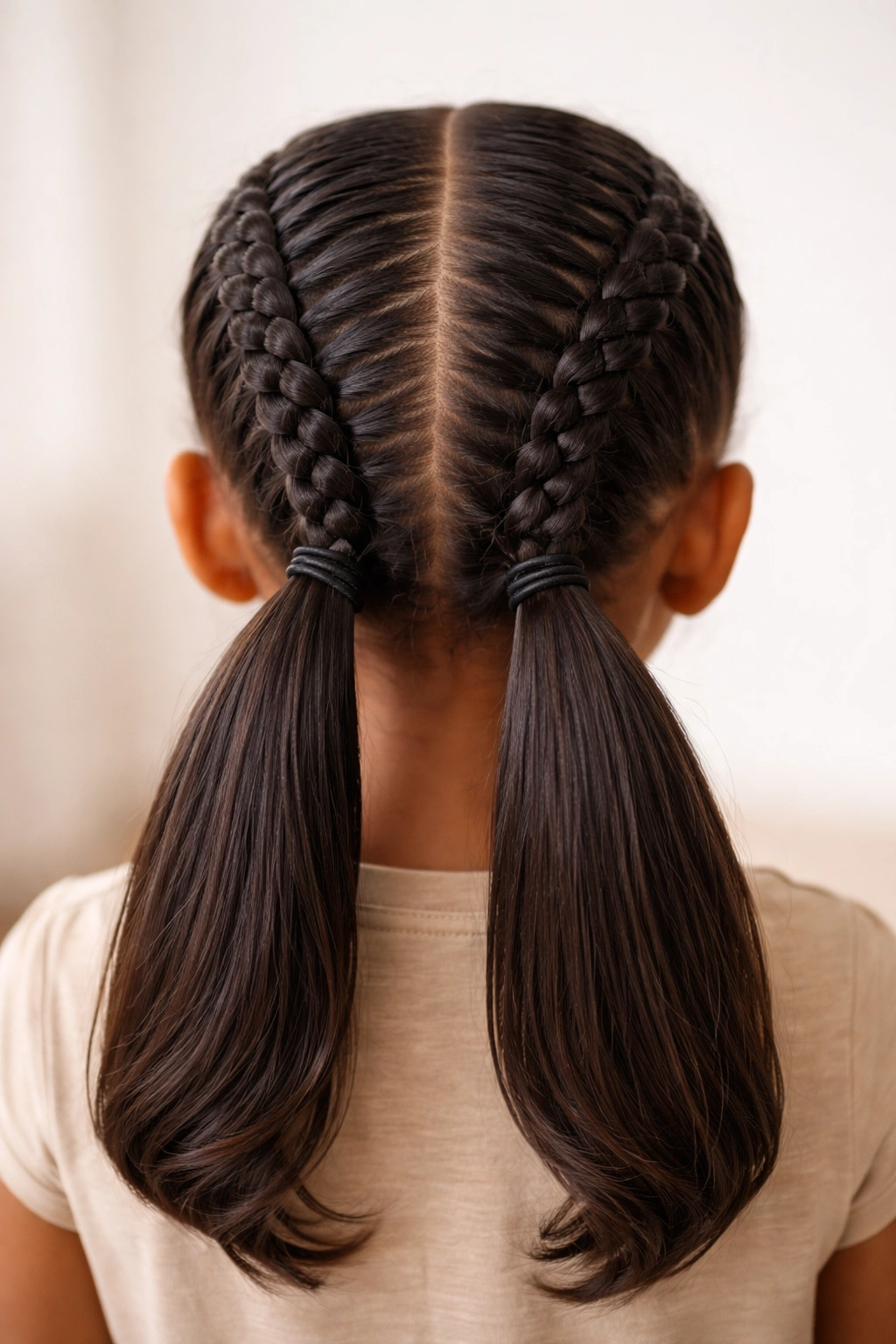 Close-up of two low, balanced feed-in ponytails at the nape
