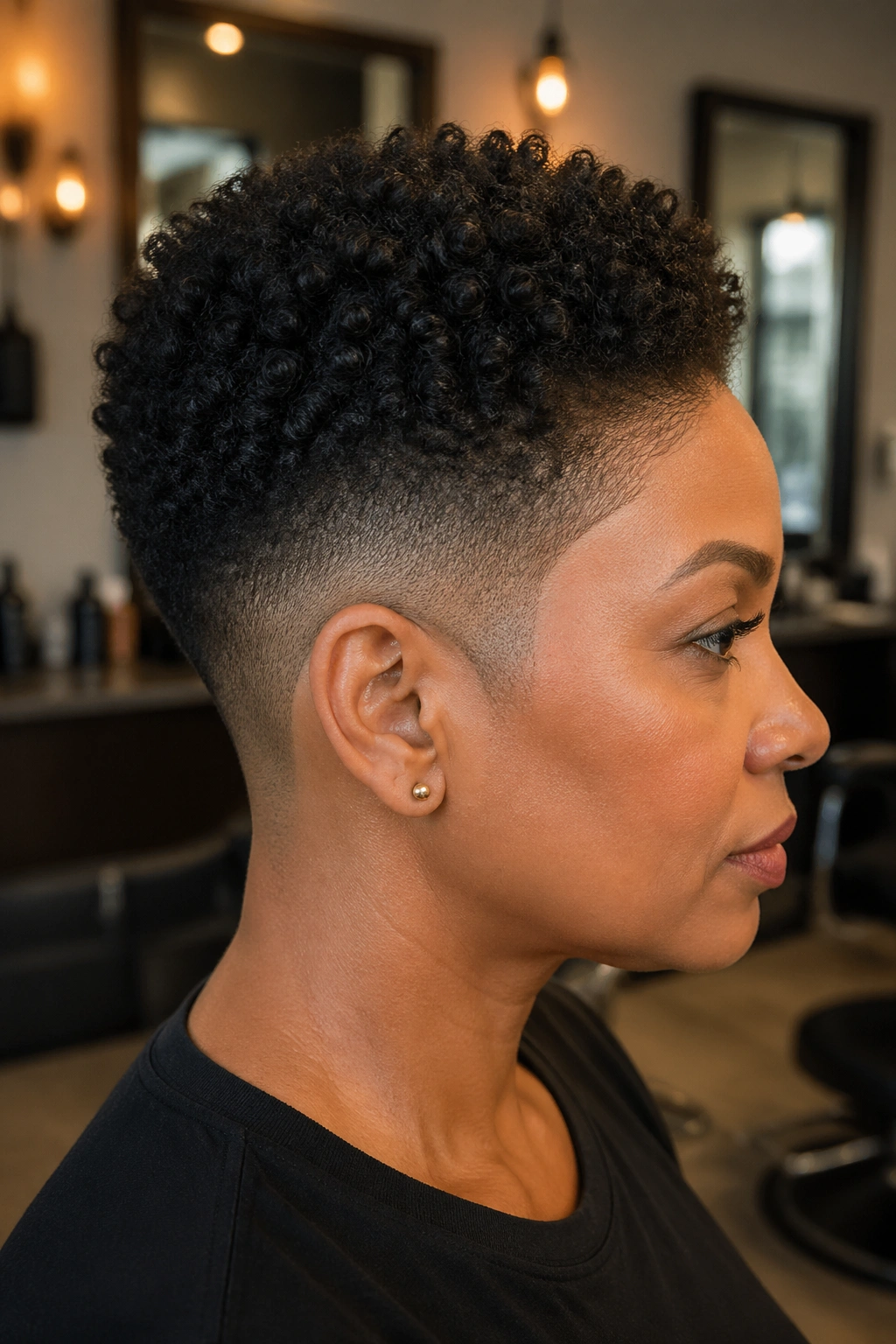 Side-profile of a woman with a low fade and natural crown