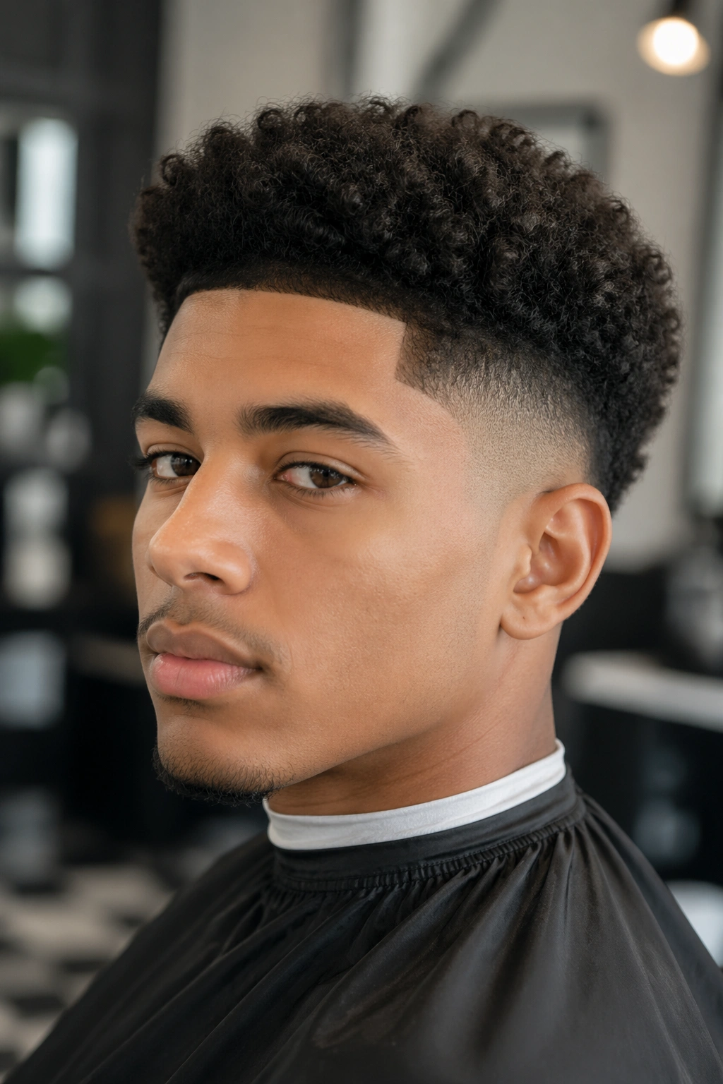 Portrait of a real person with low fade and natural top curls