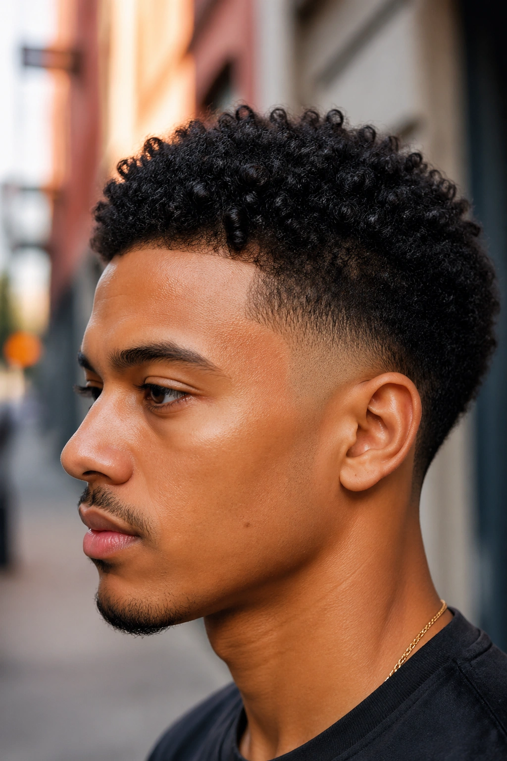 Close-up of a real person with a low fade and natural top