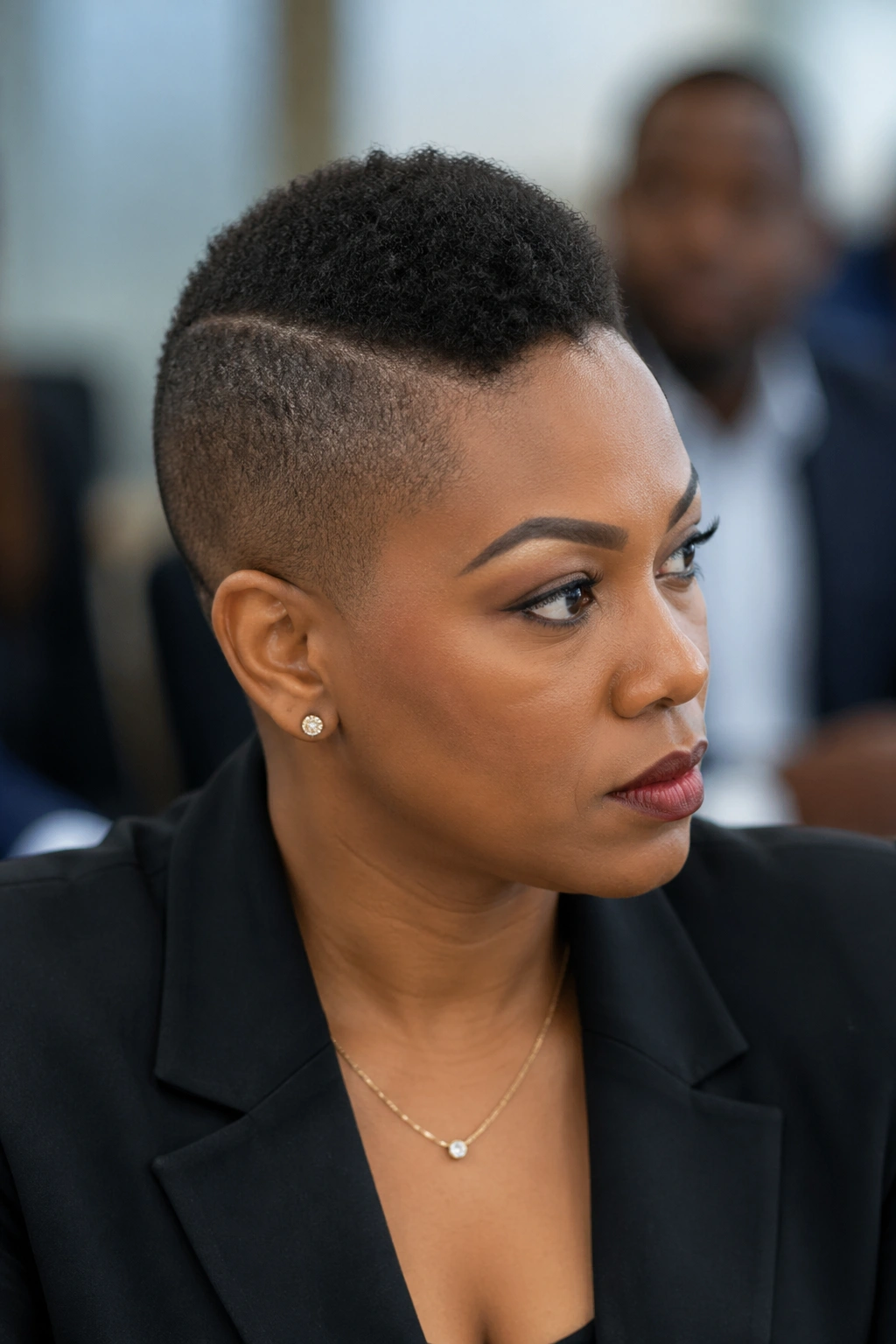 Close-up of a real woman with a low-height faux-hawk
