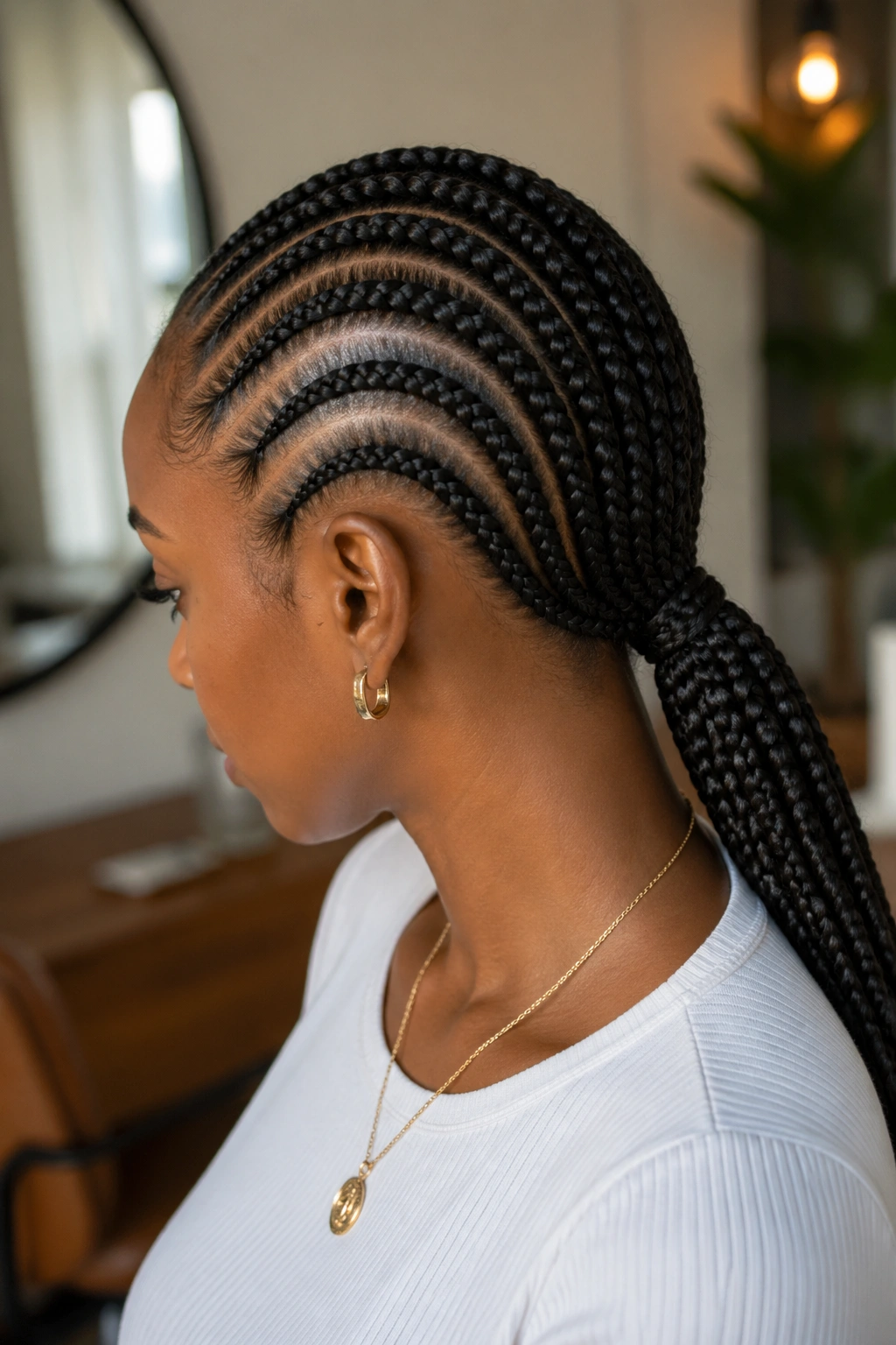 Close-up of curved cornrows leading to a low ponytail on a real woman