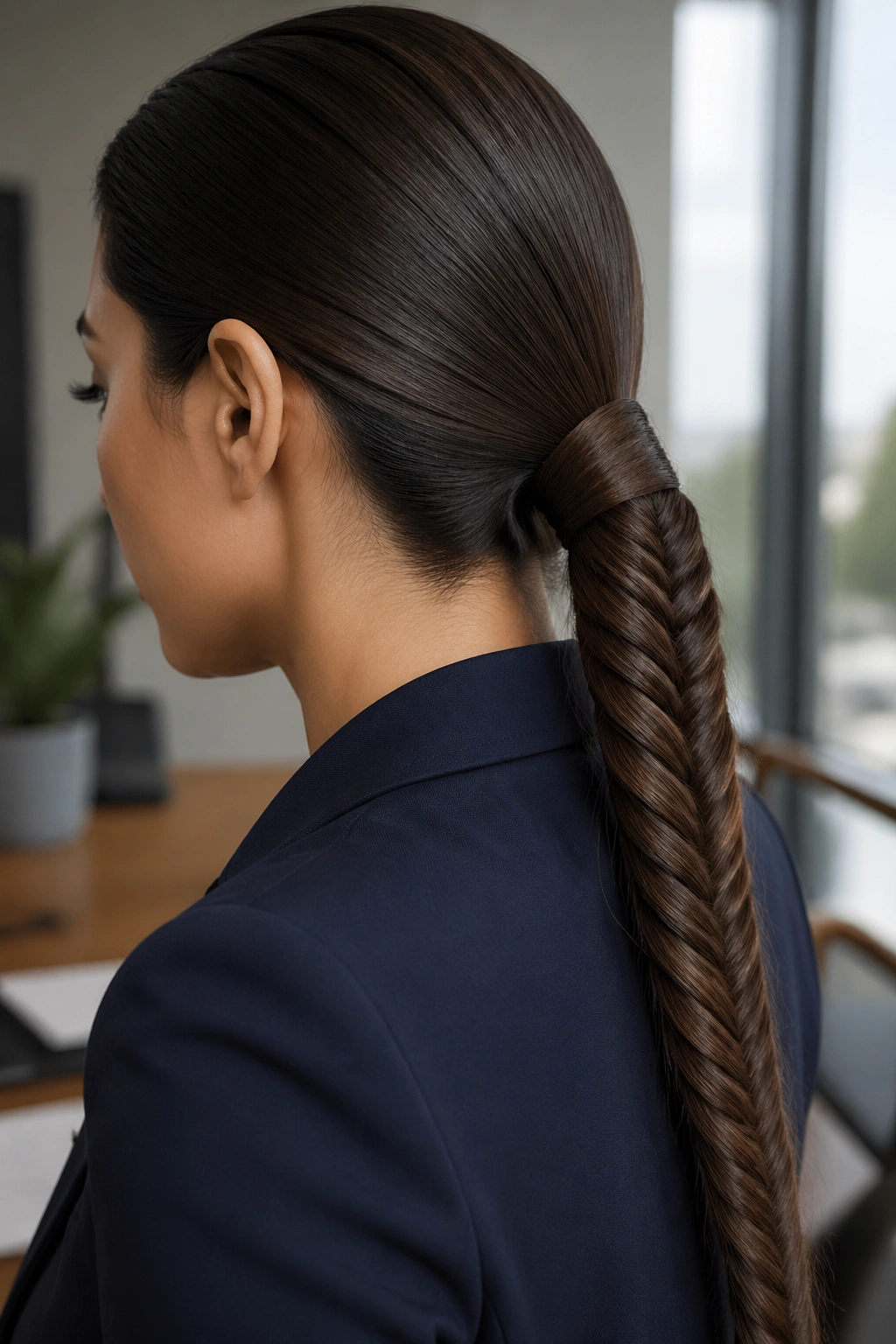 Close-up portrait of a real woman with a low fishtail ponytail at the nape and a tight, glossy braid.
