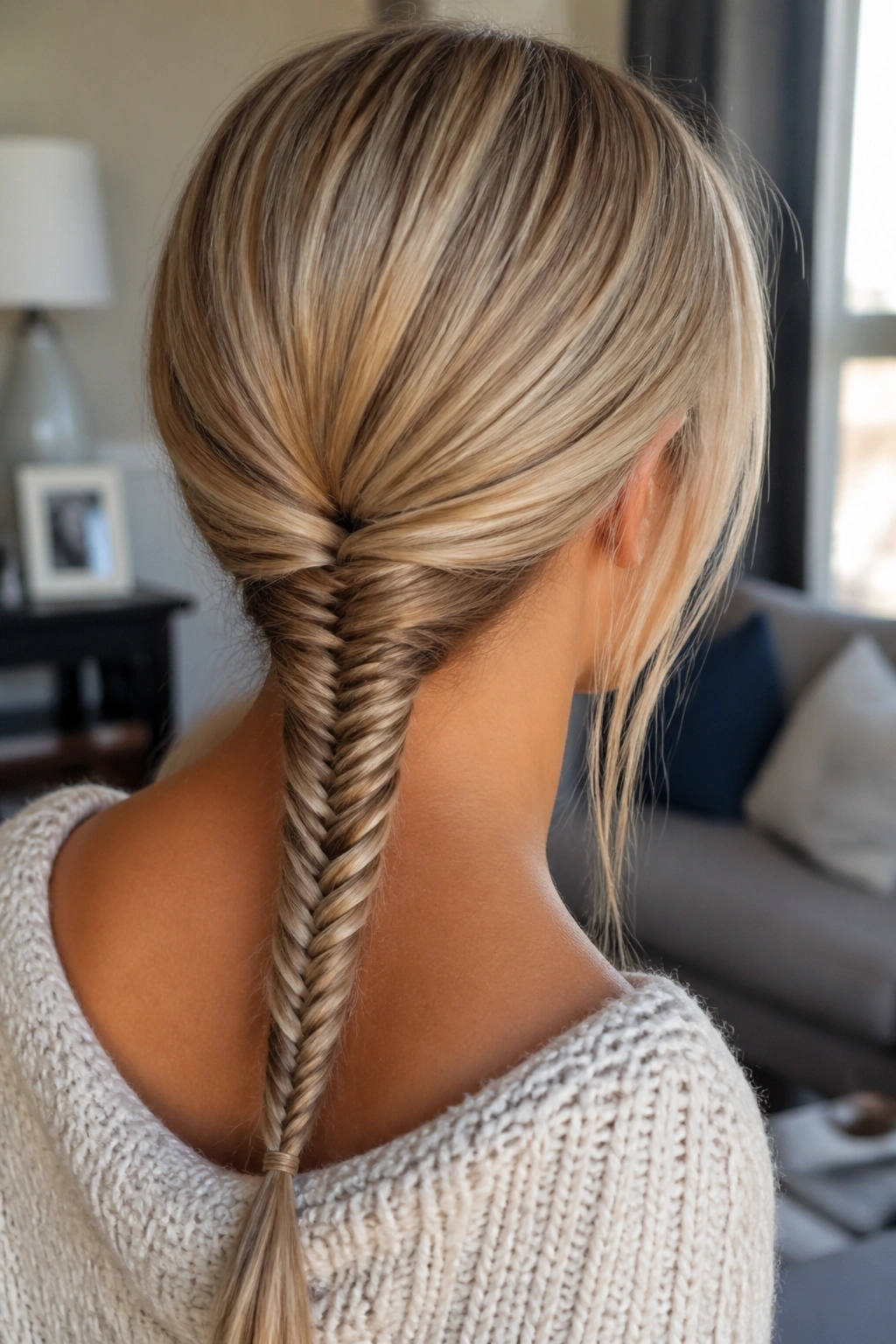 Close-up of a real woman with a classic low fishtail ponytail at the nape in warm window light