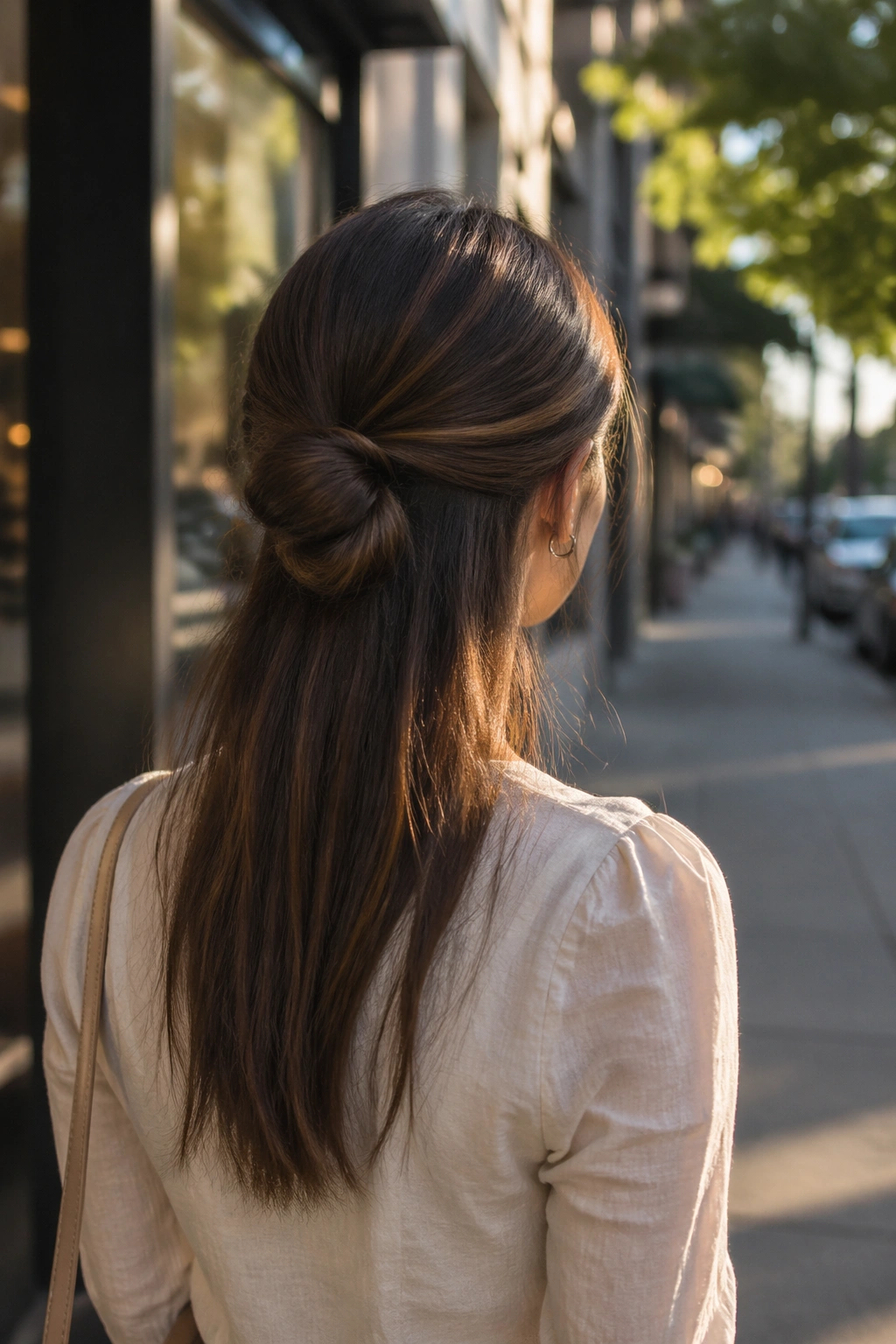 Low Half Bun back view urban backdrop