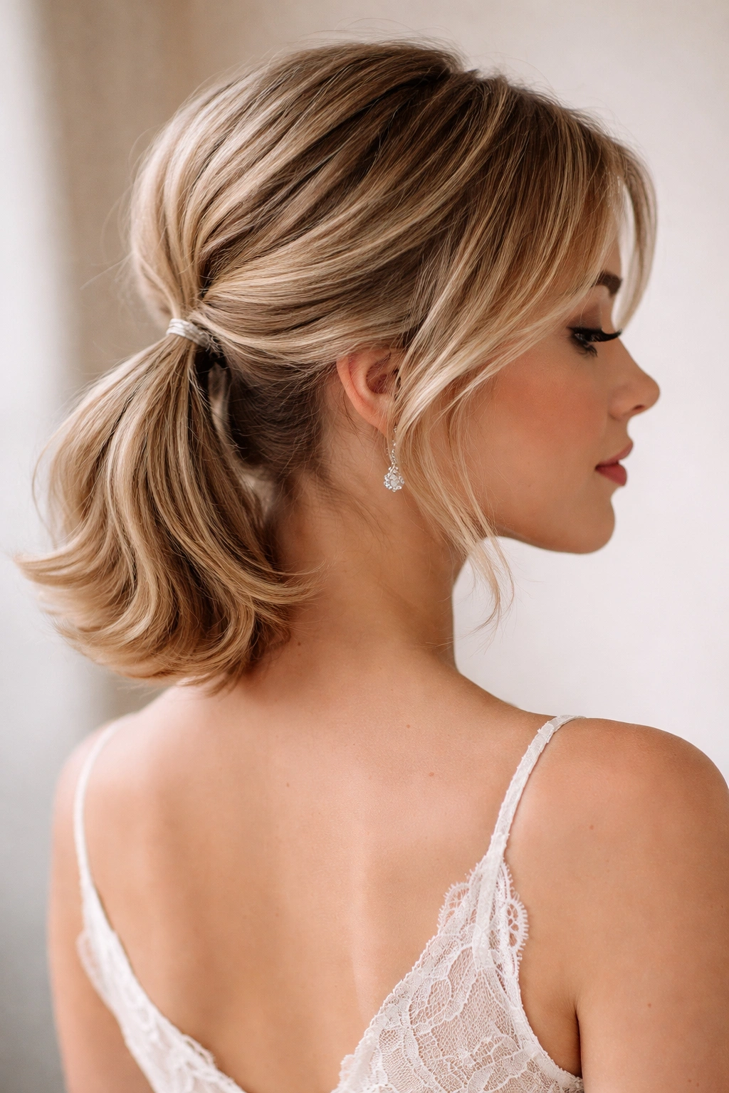 Portrait of a lob with a low half pony and flipped ends