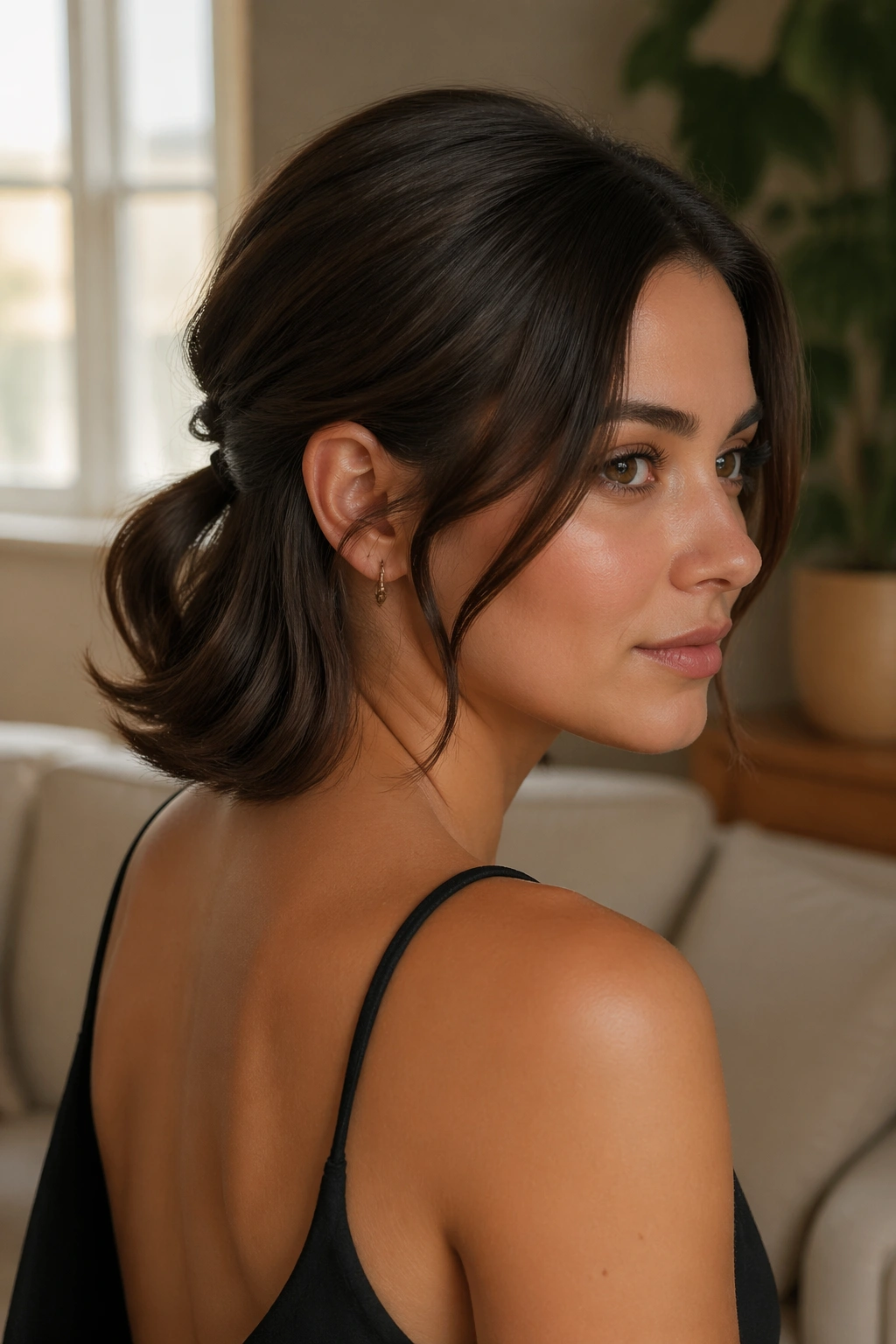Head-and-shoulders portrait of a woman with a low half pony and sculpted ends