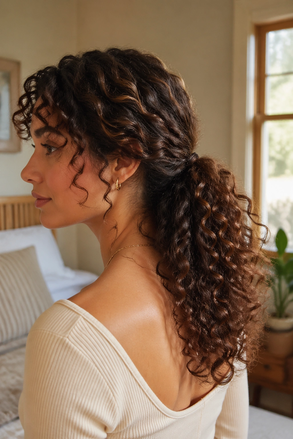 Close-up of a real woman with a low half ponytail in a cozy bedroom