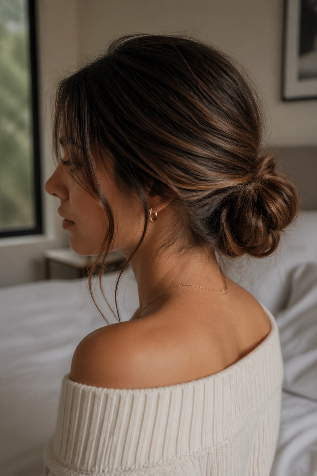 Close-up of a real woman with a soft low half up bun in natural window light